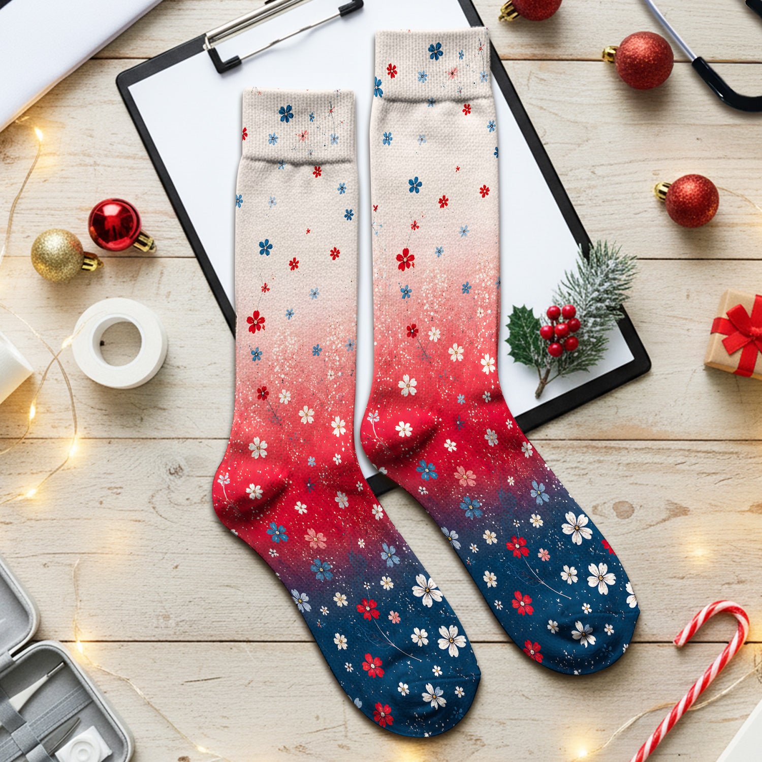 Patriotic Red White Blue Floral Ombre Print Socks, Adult Socks for Men and Women