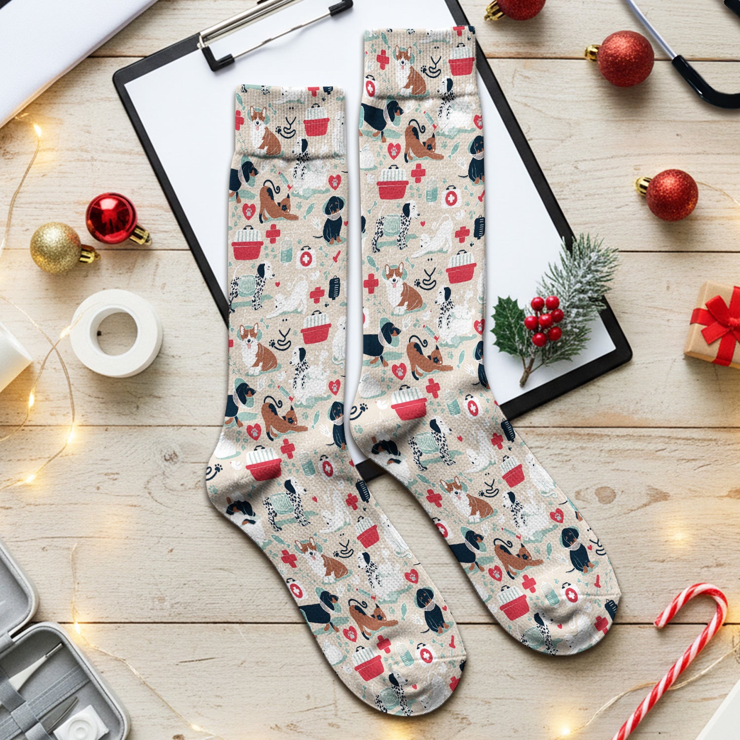 Dogs With Veterinary Tools And Paw Print Socks, Breathable Fabrics Medical Uniform
