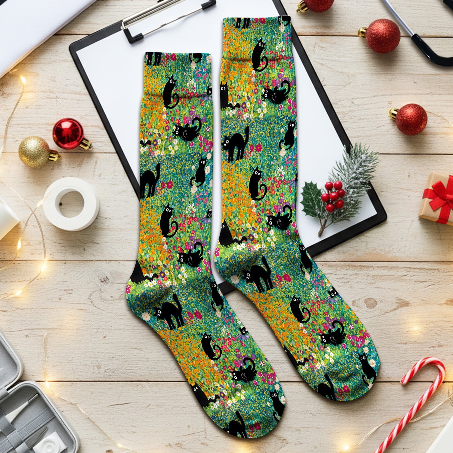 Black Cat Flower Garden Pattern Socks, Adult Socks for Men and Women