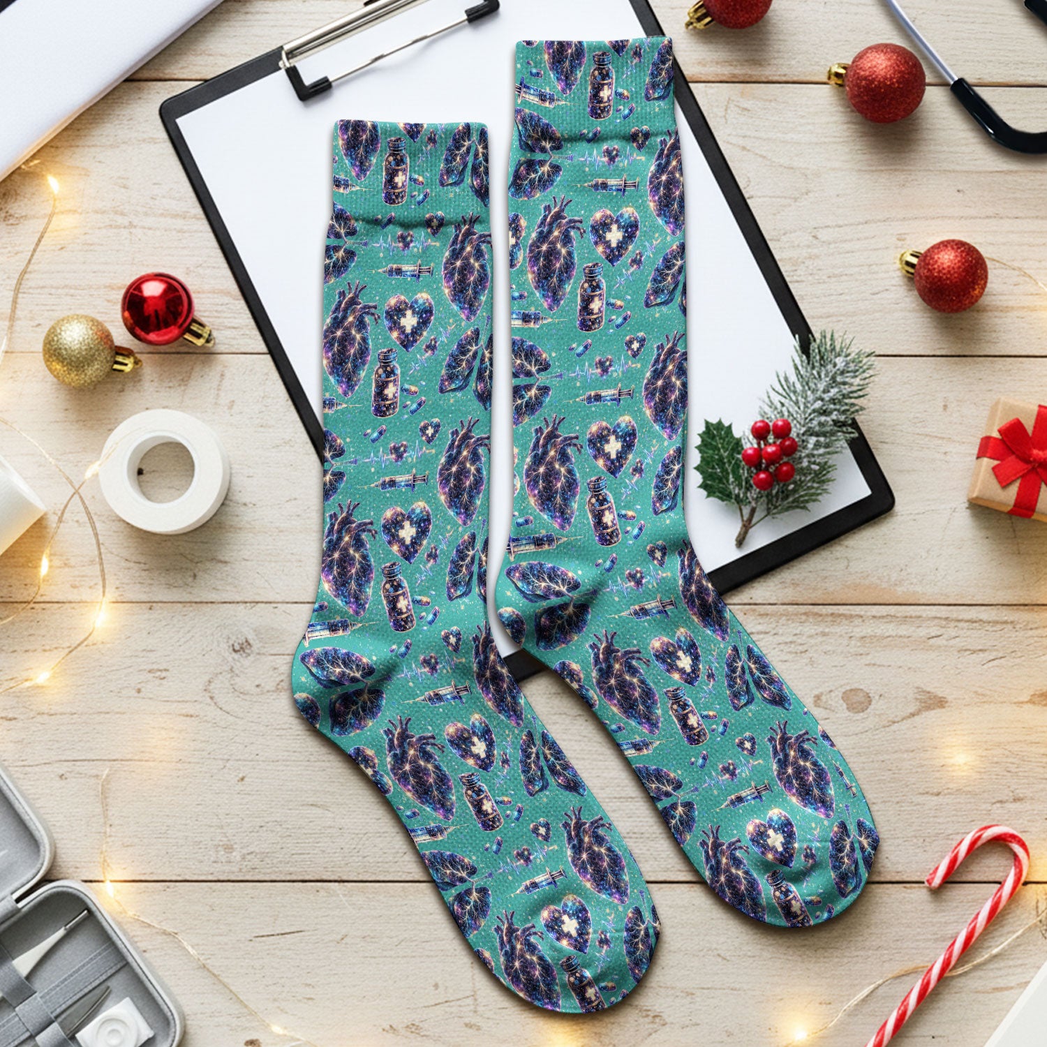 Galaxy Anatomical Heart Lung Syringe Print Socks, Breathable Fabrics Medical Uniform