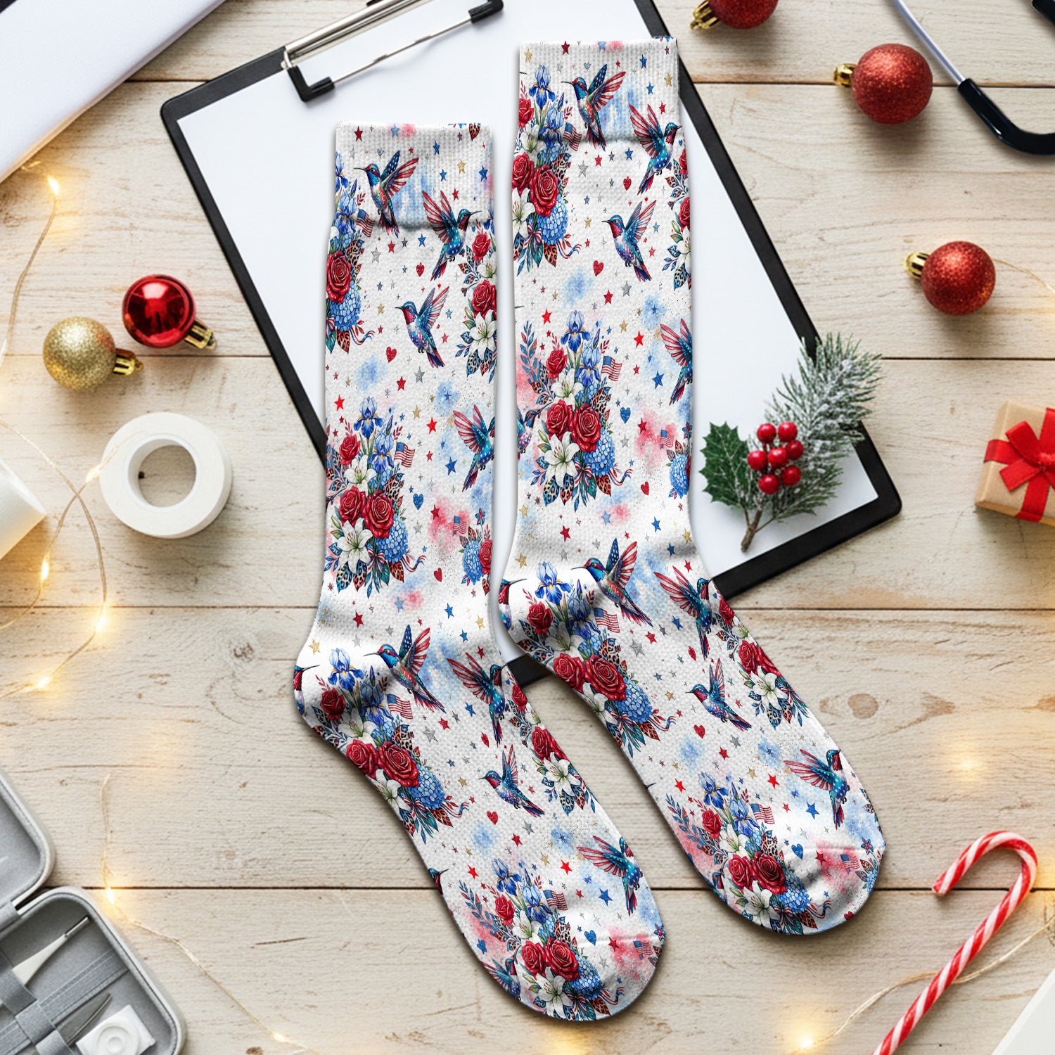 Patriotic Hummingbird Floral Bouquet Pattern Socks, Adult Socks for Men and Women