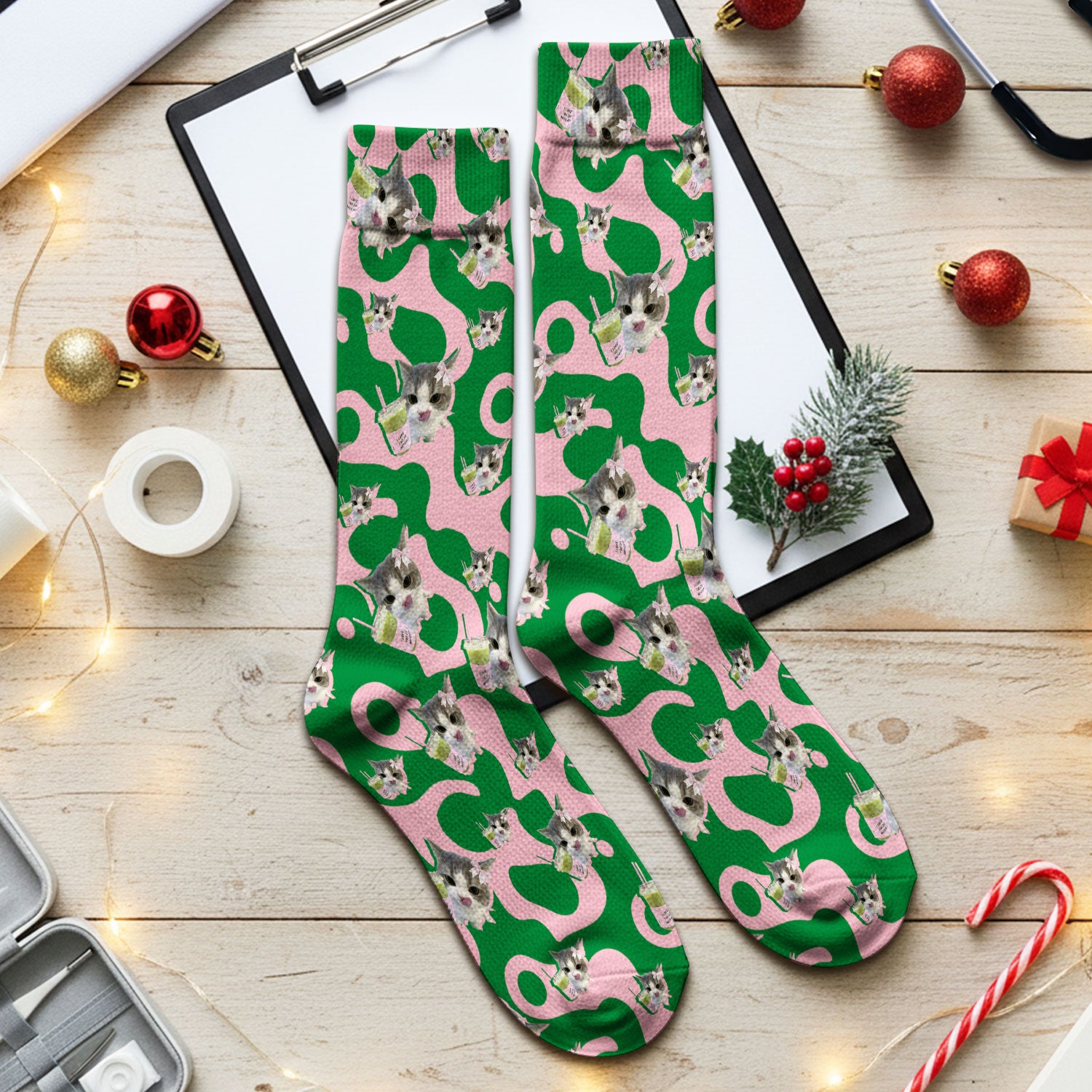 Cute Cat Matcha Nurse Scrub Socks, Funny Cat I Love Matcha Medical Sock,  Breathable Fabrics Nursing Uniform
