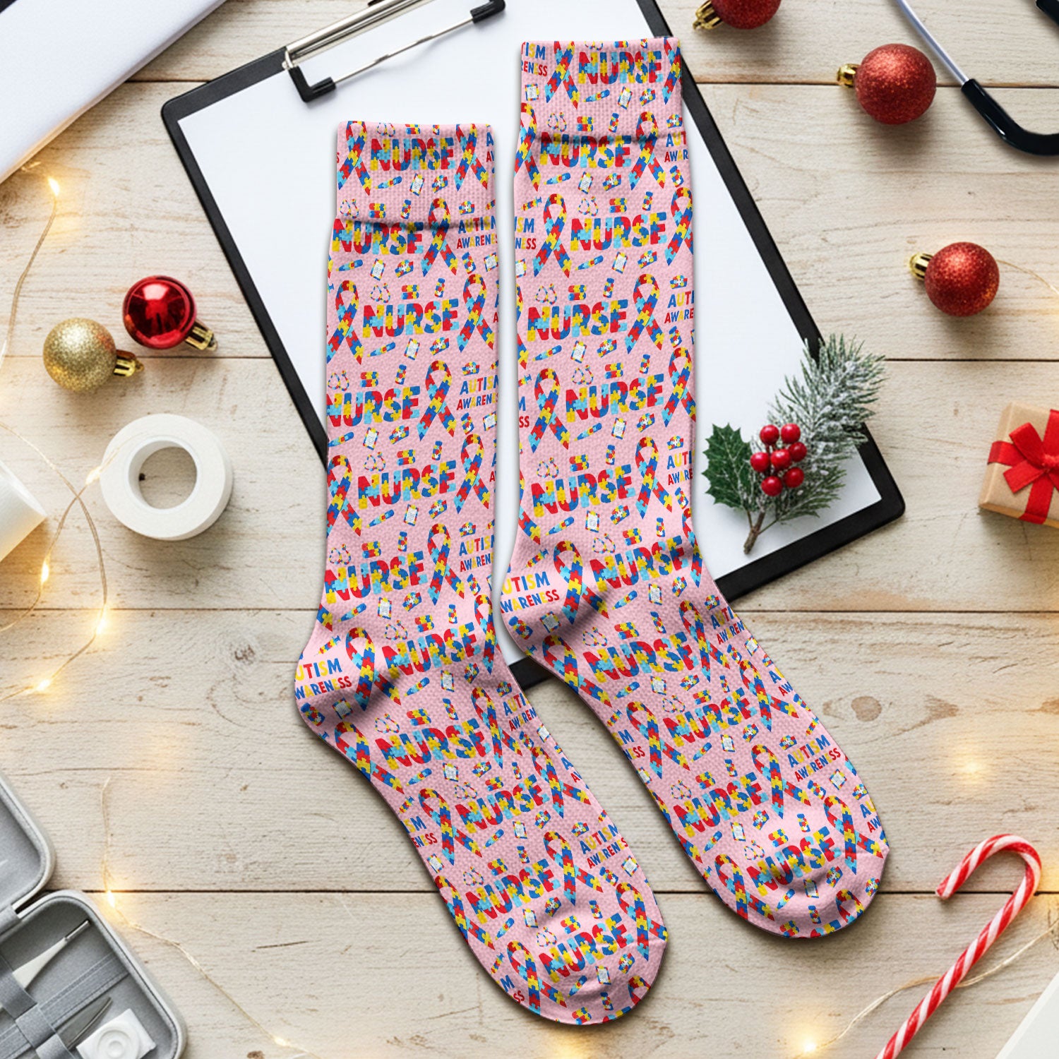 Autism Awareness Nurse Puzzle Ribbon Print Socks, Breathable Fabrics Medical Uniform