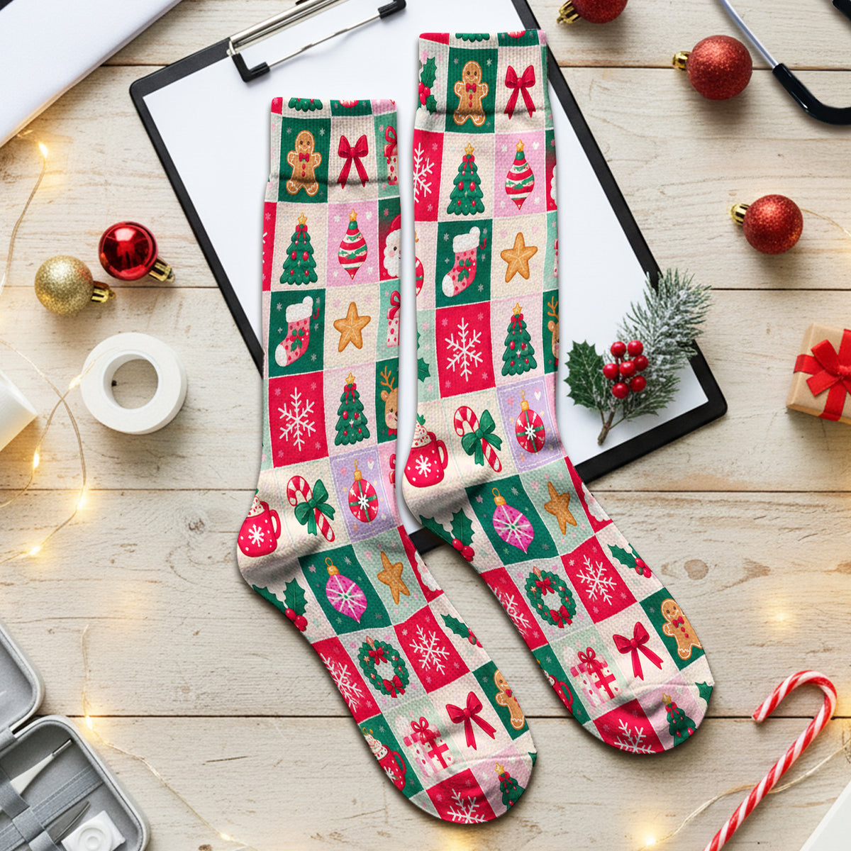 Cute Christmas Santa Patchwork Socks, Adult Socks for Men and Women