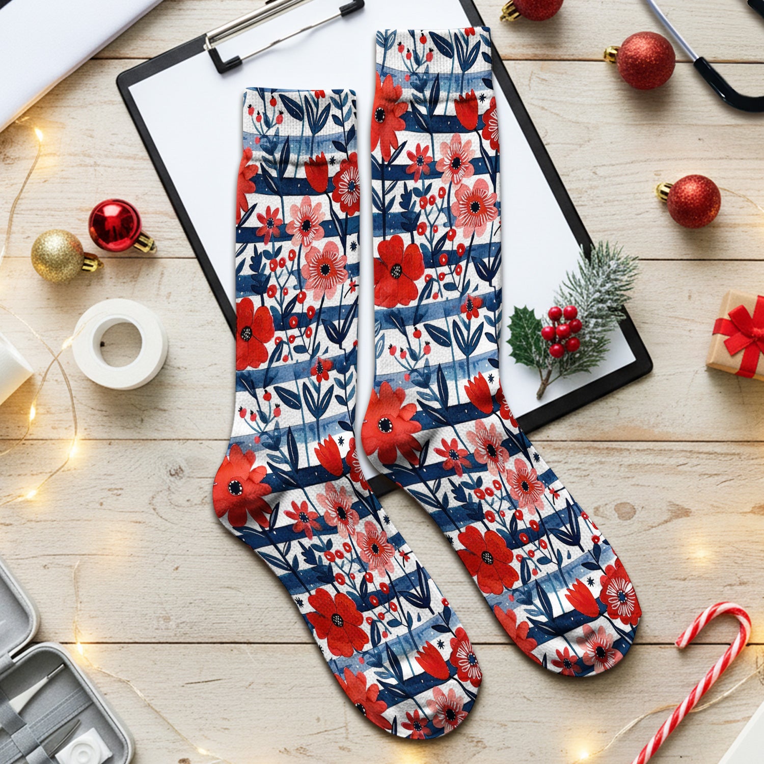 Red Poppy Navy Stripe Pattern Socks, Adult Socks for Men and Women