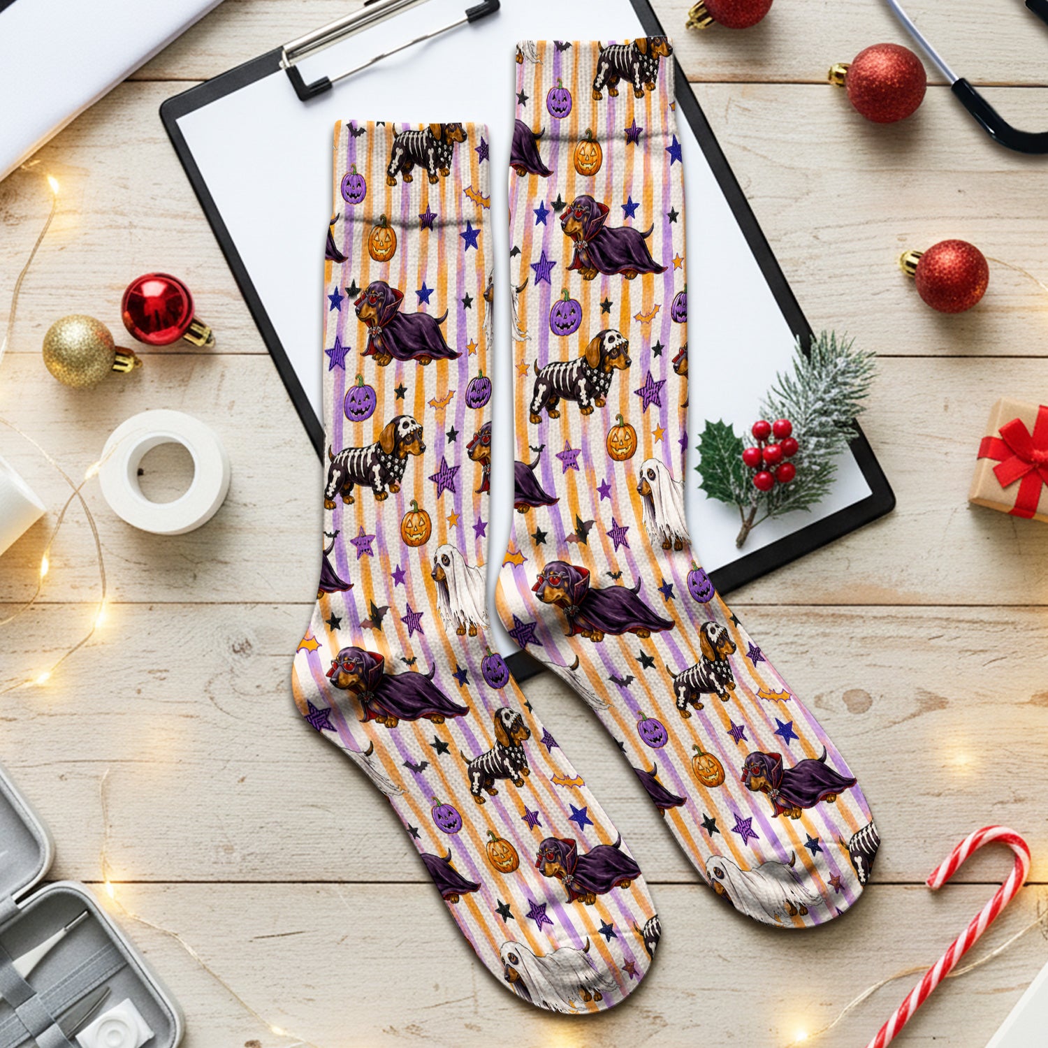 Halloween Dachshund Stripe Pattern Socks, Adult Socks for Men and Women