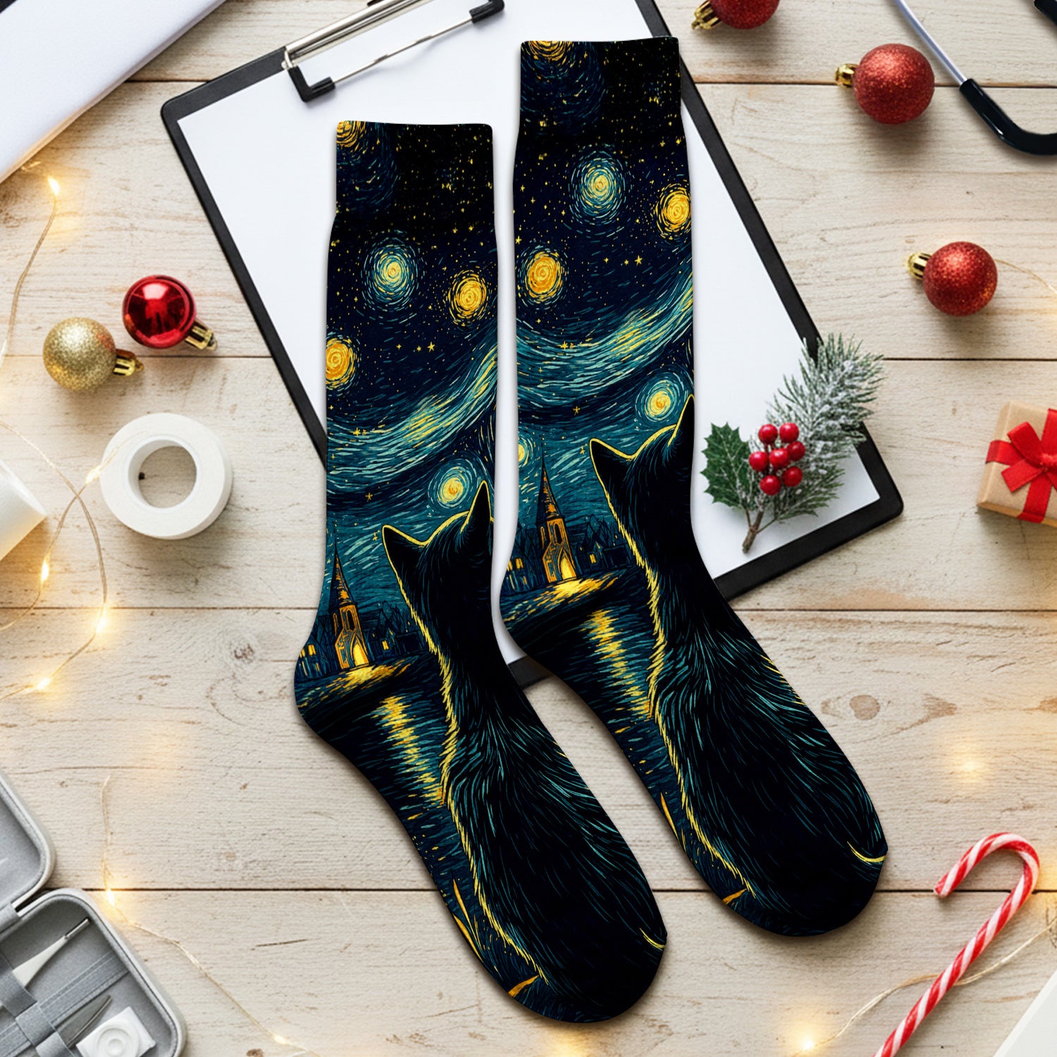Starry Moonlit Black Cat Socks, Adult Socks for Men and Women