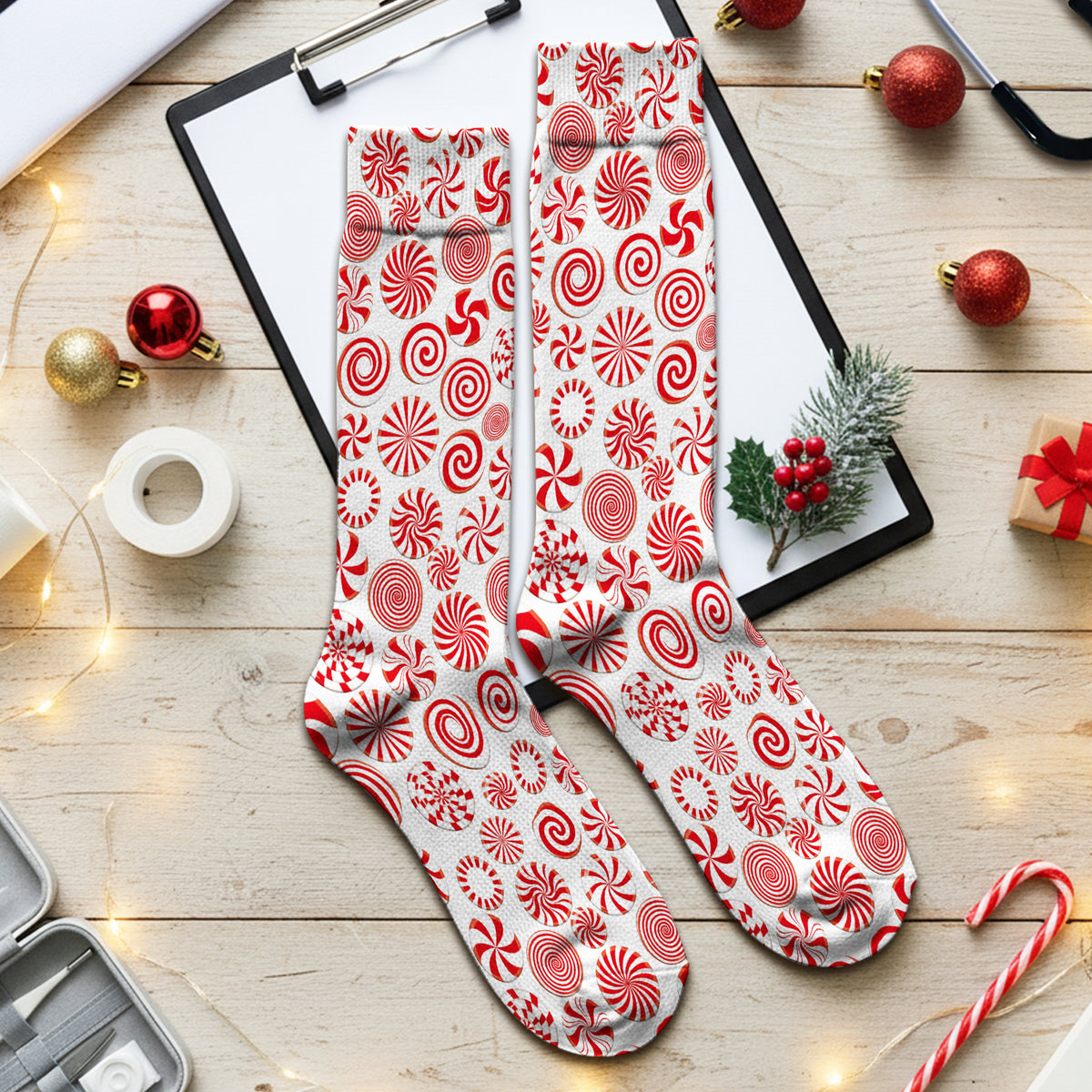 Christmas Peppermint Candy Pattern Socks, Adult Socks for Men and Women