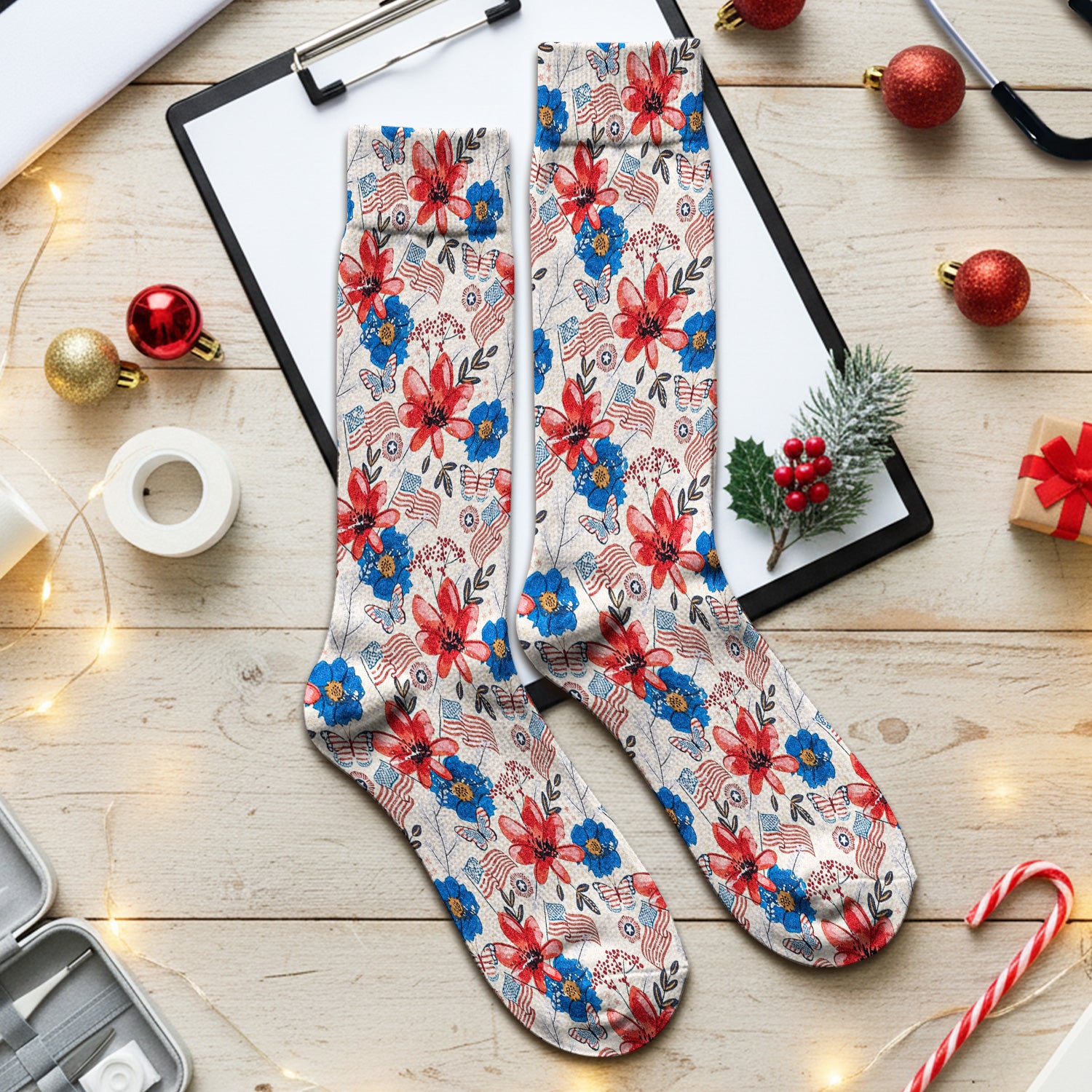 Patriotic Floral Flag Butterfly Pattern Socks, Adult Socks for Men and Women