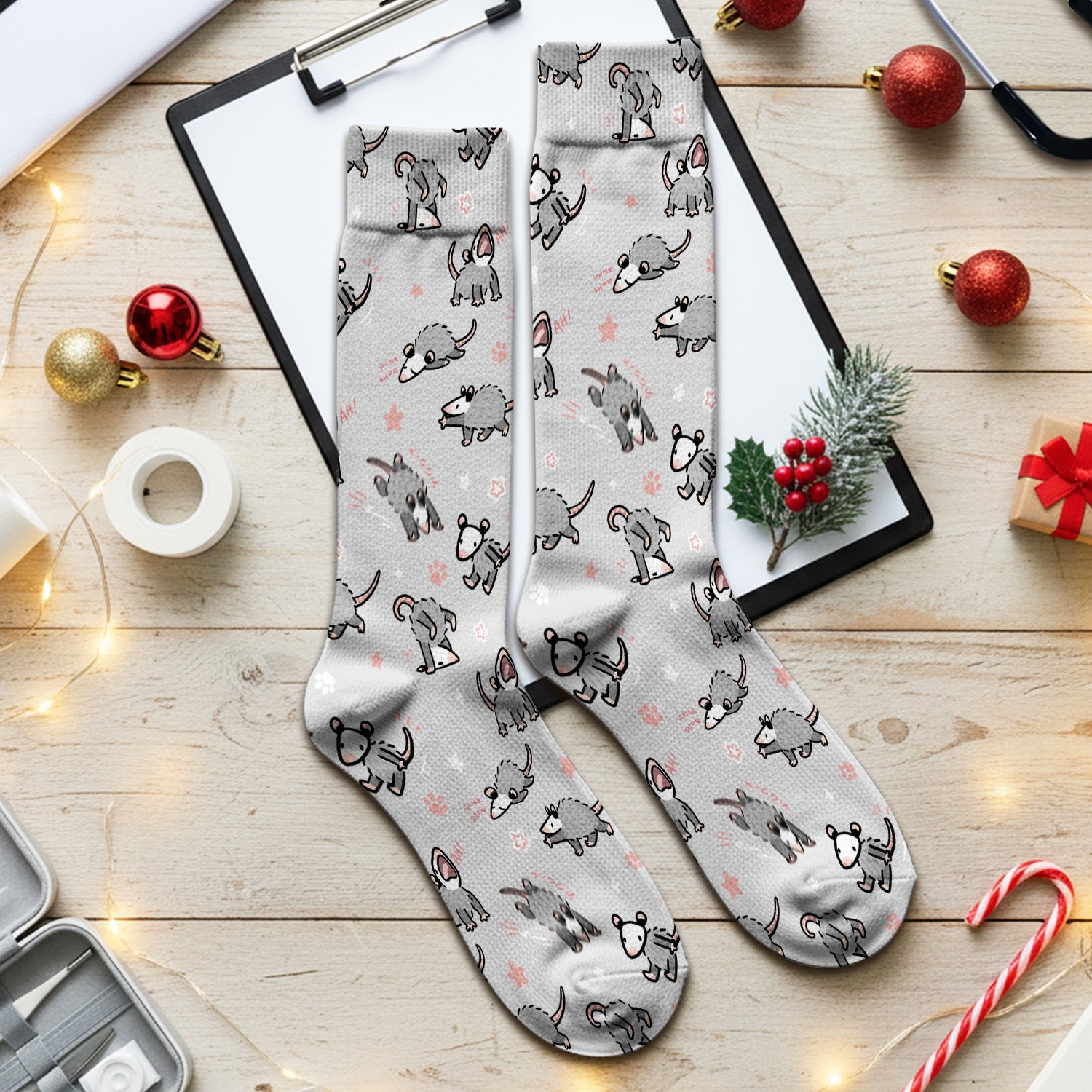 Playful Cartoon Opossum Character Pattern Sock, Breathable Fabrics Medical Uniform