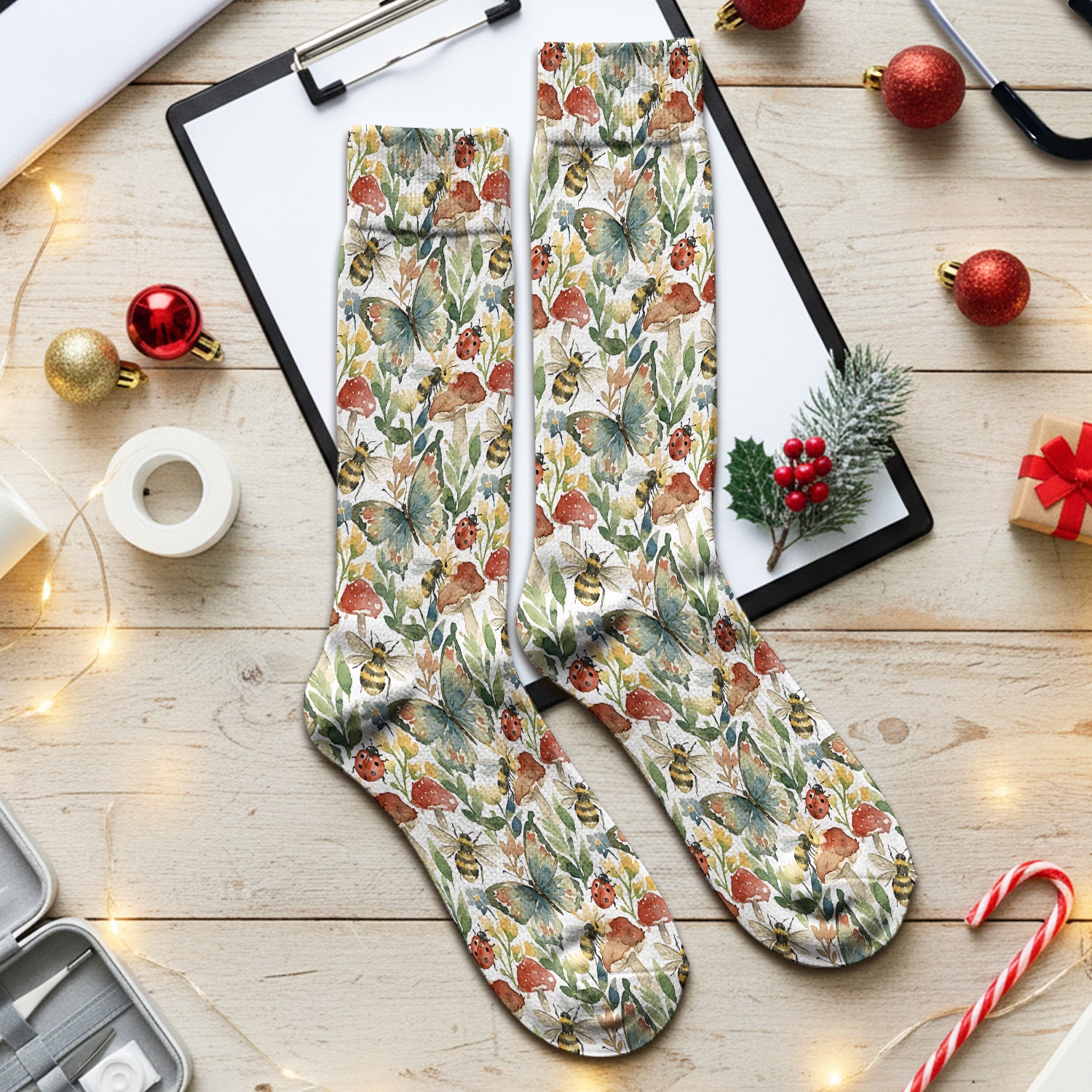 Butterfly Bee With Floral Mushroom Socks, Adult Socks for Men and Women
