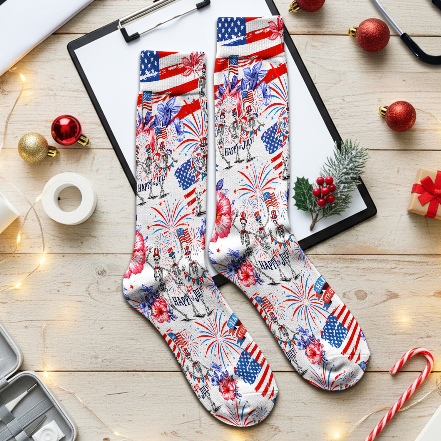 Funny 4th Of July Skeleton Nurse for RN & CNA, Patriotic Fireworks Medical Uniform Socks, Adult Socks for Men and Women