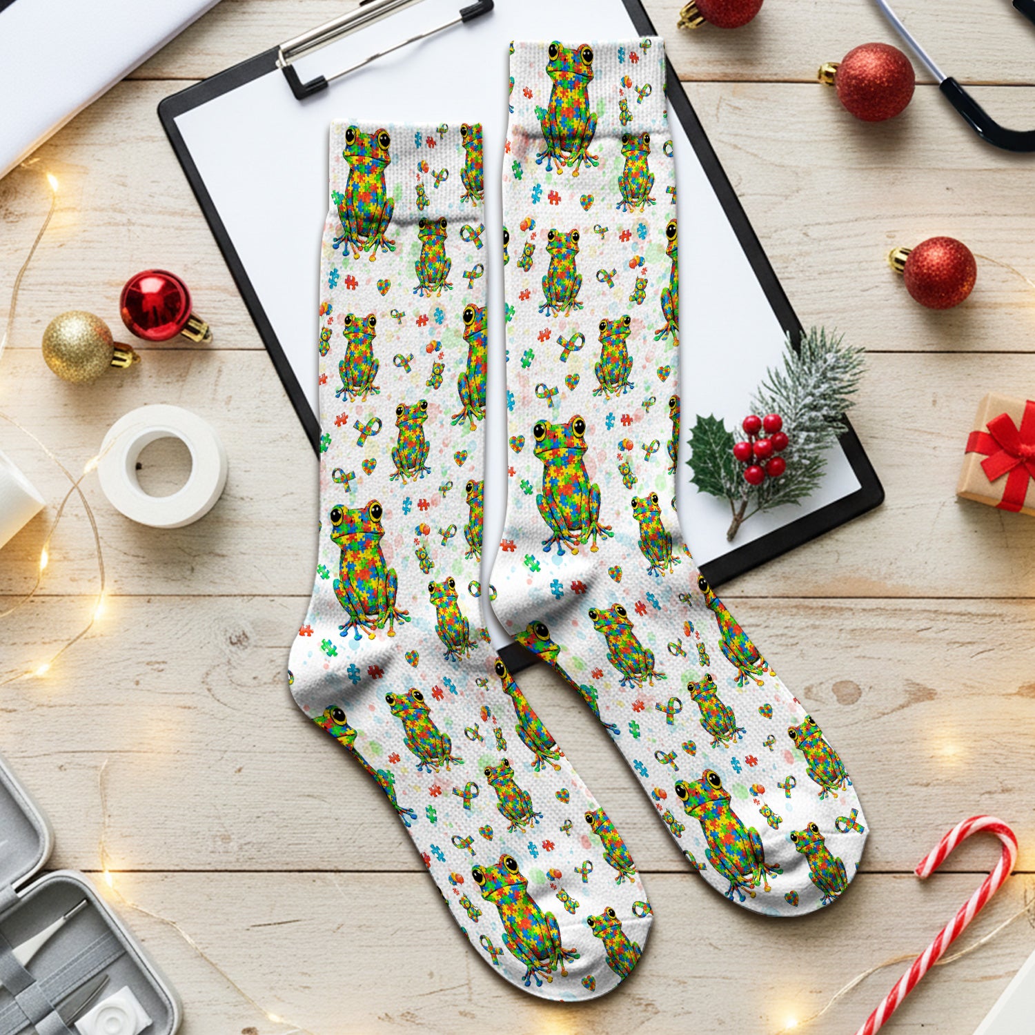 Colorful Autism Puzzle Frog Pattern Socks, Adult Socks for Men and Women