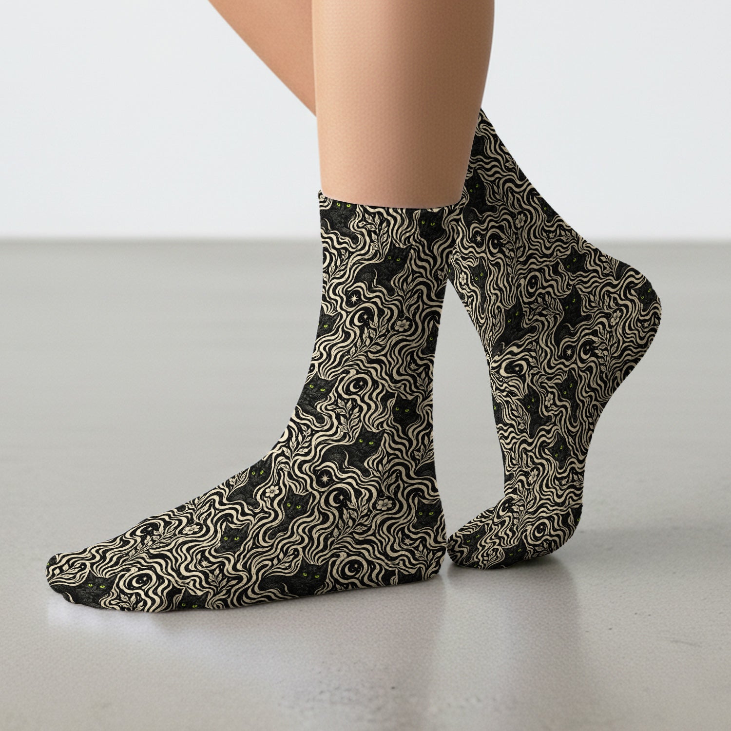 Mystical Black Cat Moonlit Pattern Socks, Adult Socks for Men and Women
