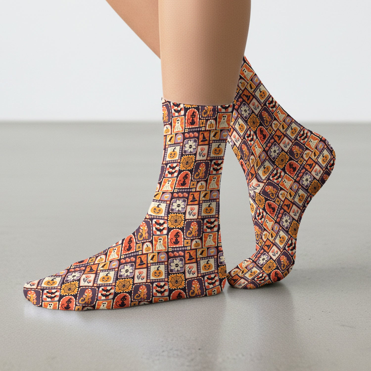 Retro Halloween Patchwork Icons Socks, Adult Socks for Men and Women