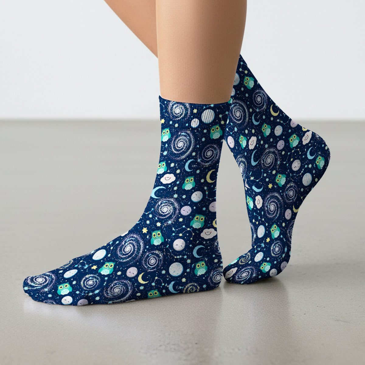 Cute Night Owl Galaxy Pattern Socks, Adult Socks for Men and Women
