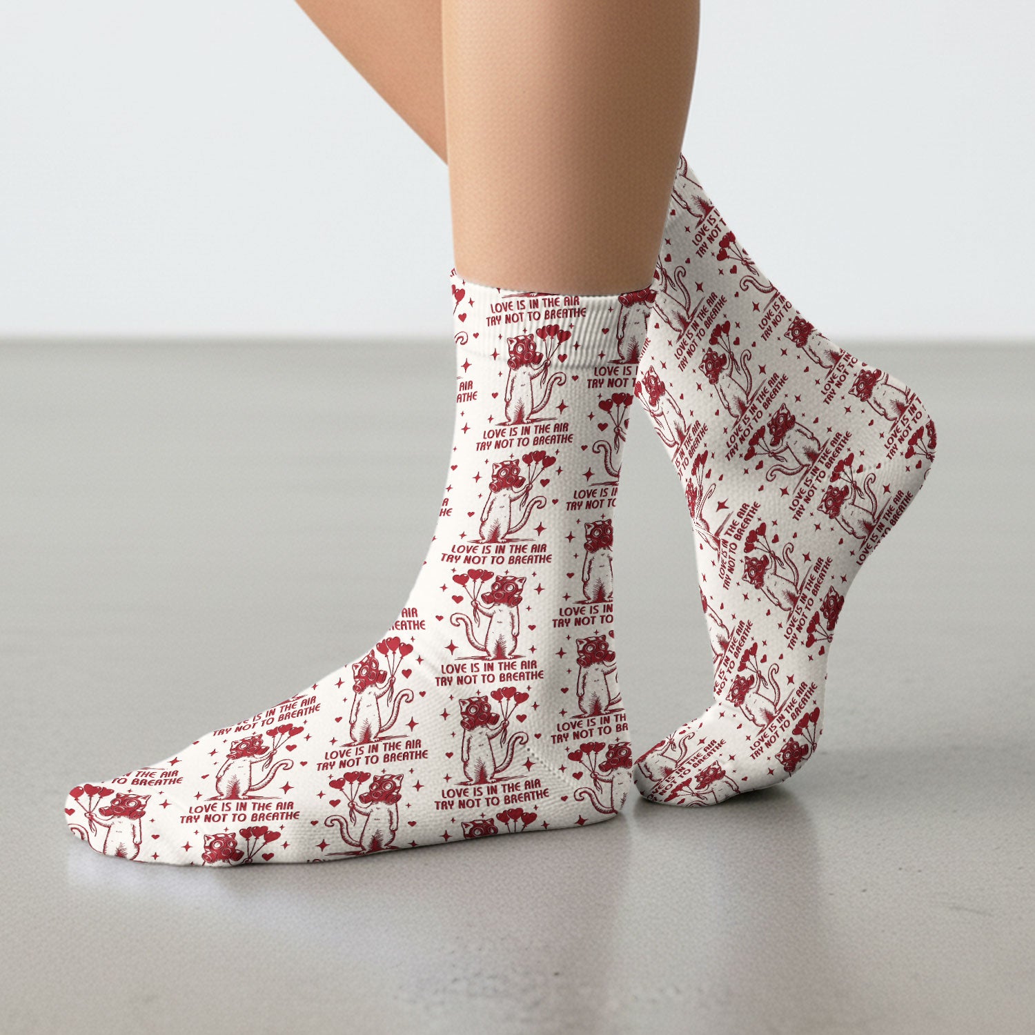 Gas Mask Cat Heart Balloon Valentine Print Socks, Adult Socks for Men and Women