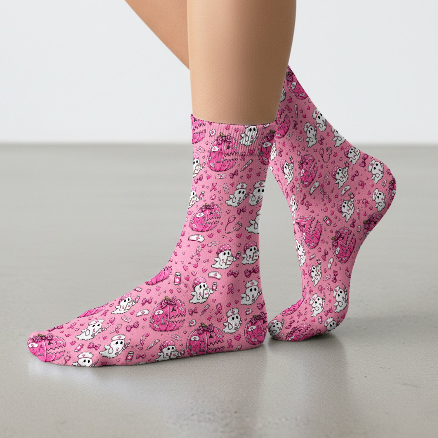 Pink Ribbon Ghost Pattern Socks, Adult Socks for Men and Women