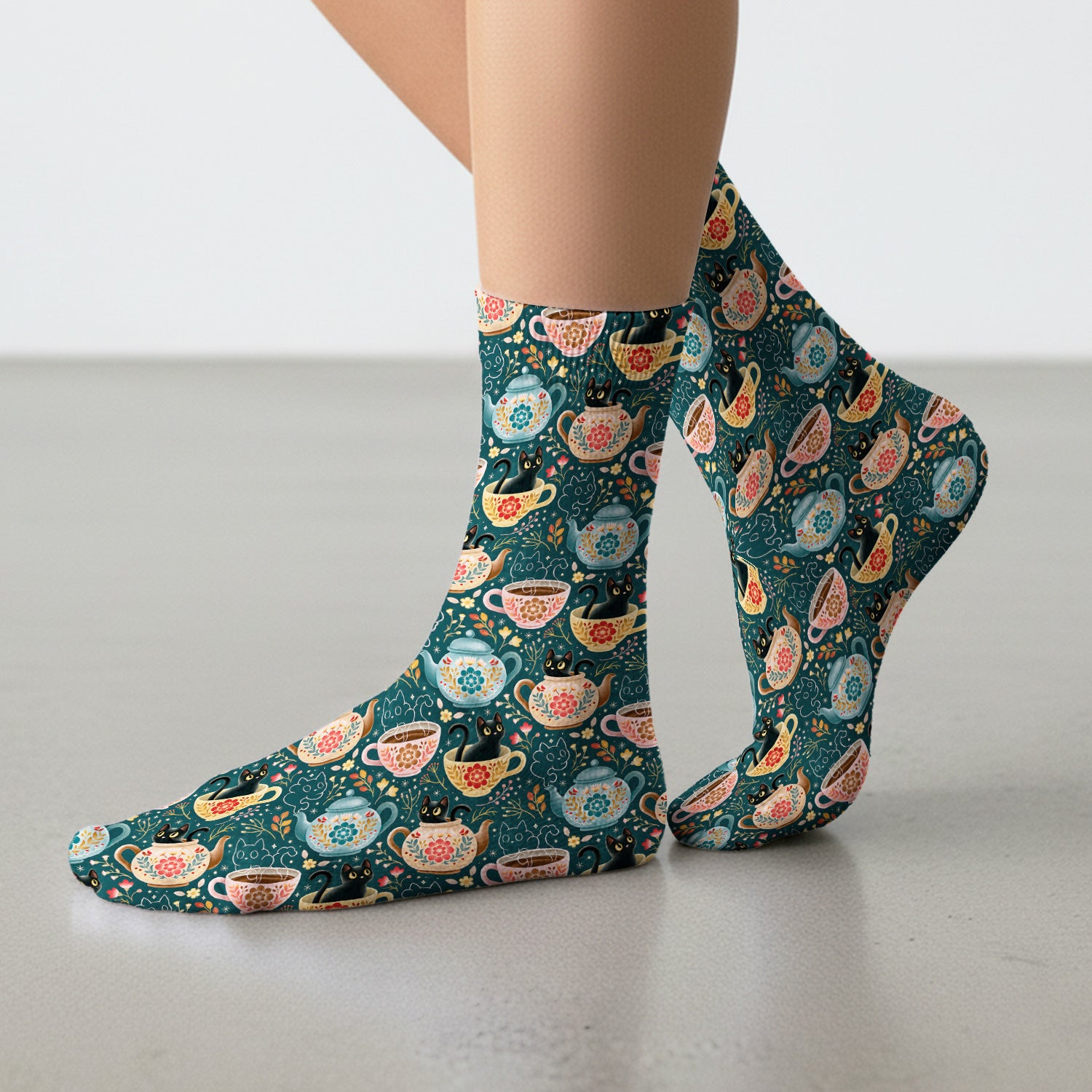 Black Cat Tea Party Veterinary Pattern Socks, Adult Socks for Men and Women