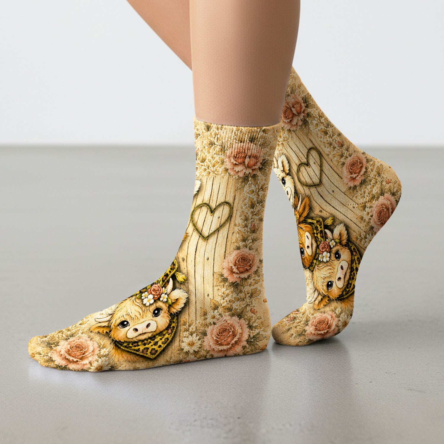 Highland Cow with Floral Farmhouse Socks, Adult Socks for Men and Women
