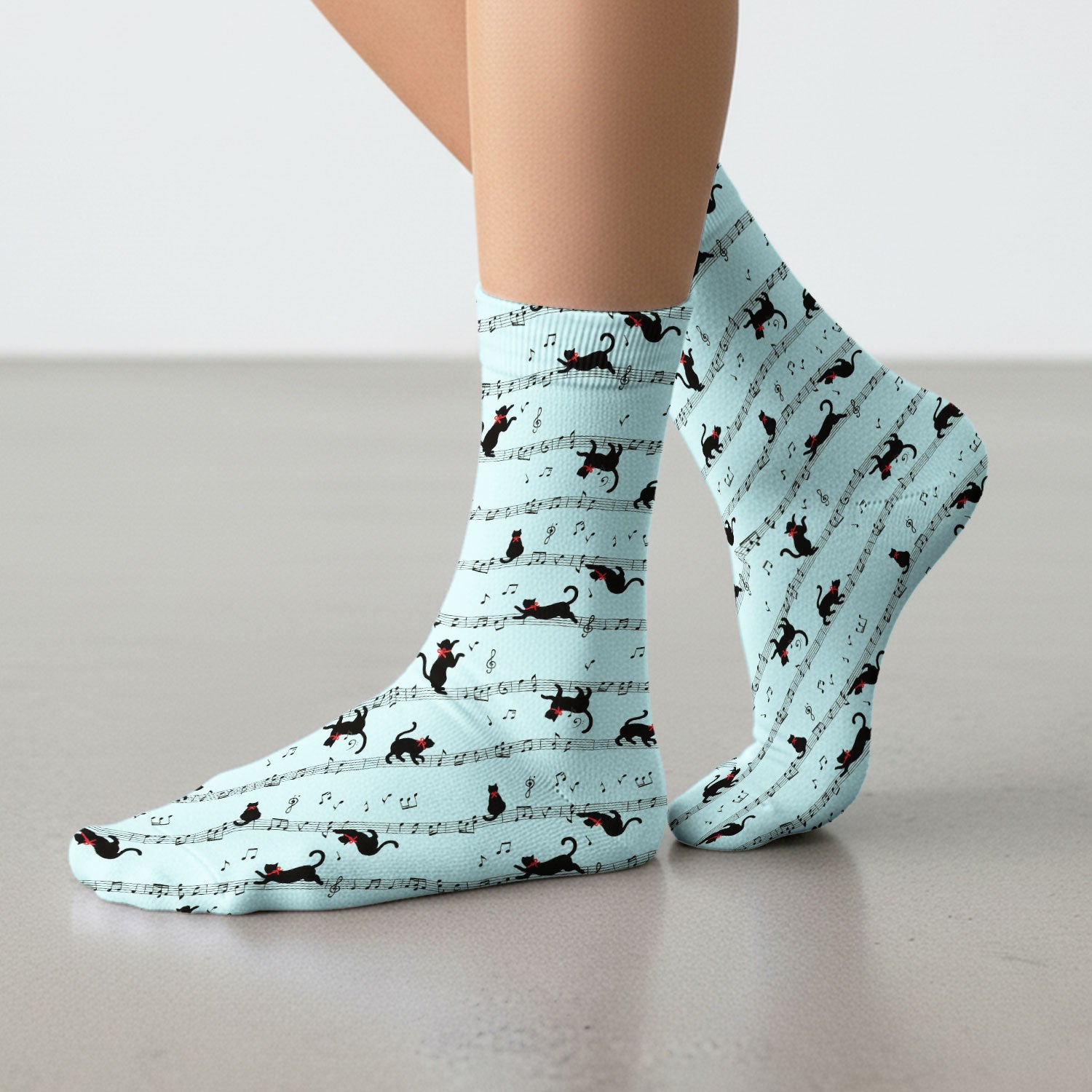 Cute Dancing Black Cat Music Staff Pattern Scrub Socks, Socks for Nurse Doctor