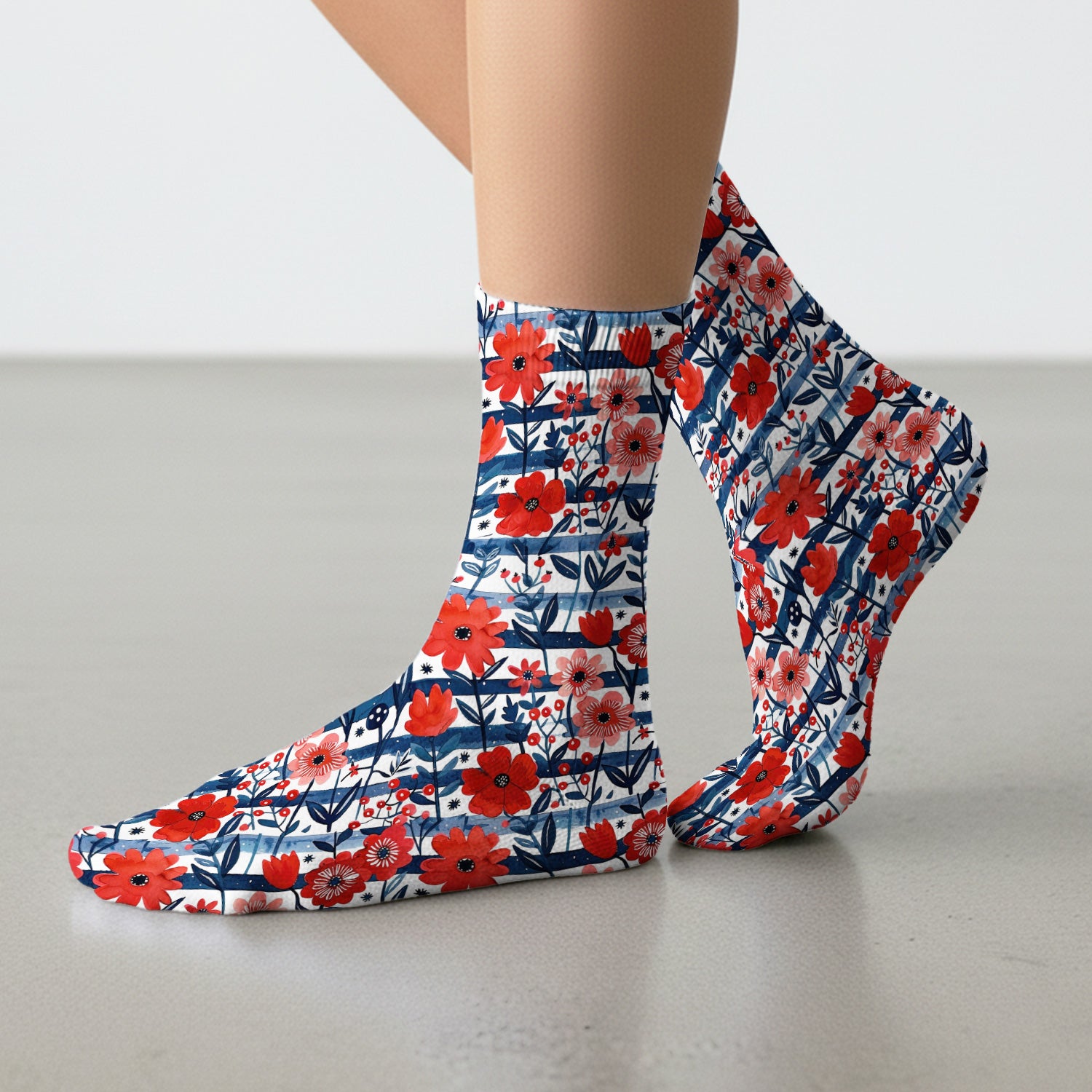 Red Poppy Navy Stripe Pattern Socks, Adult Socks for Men and Women