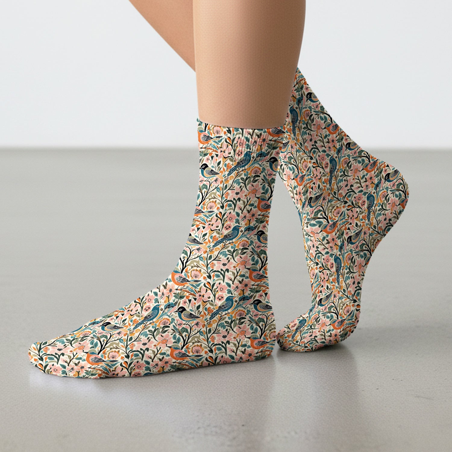 Folk Art Songbird Floral Pattern Socks, Adult Socks for Men and Women