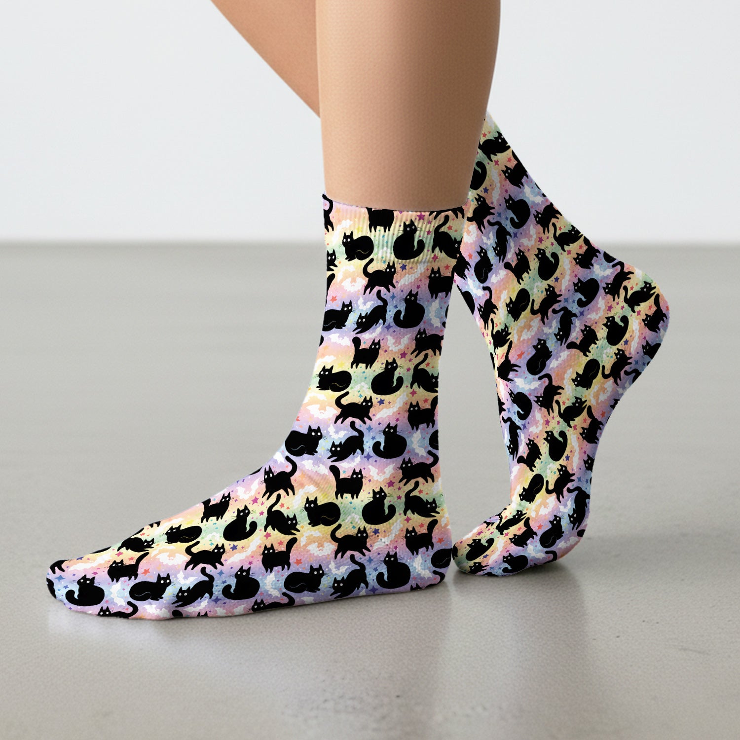 Pastel Star Black Cat Pattern Socks, Adult Socks for Men and Women