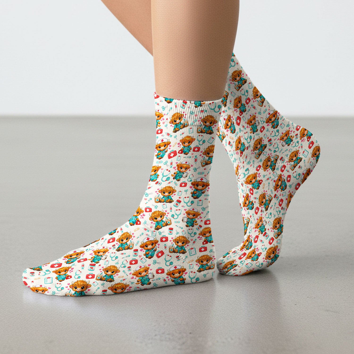 Cute Highland Cow Nurse Scrub Socks, Kawaii Medical Pattern Sock, Breathable Fabrics Nursing Uniform