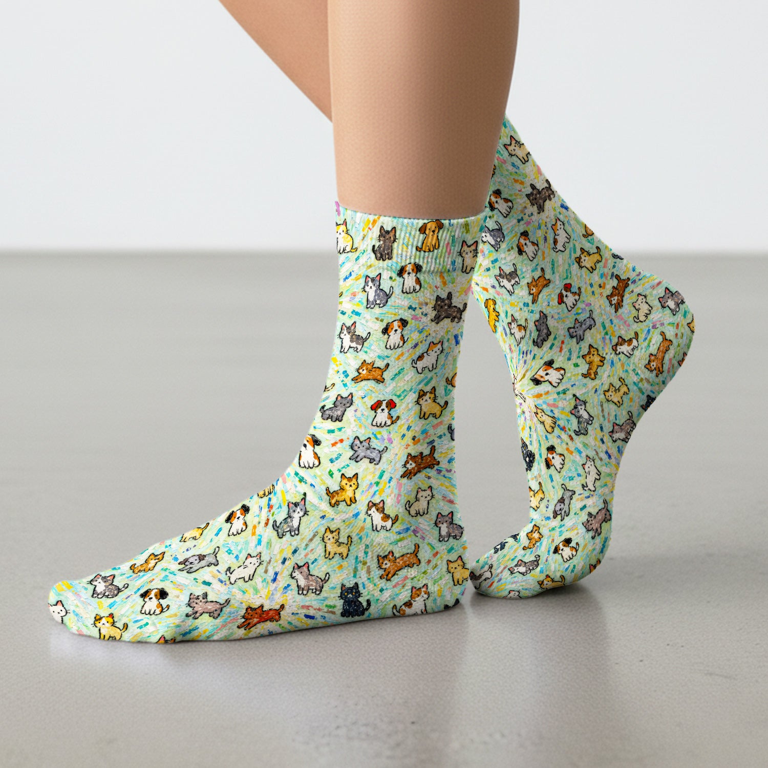 Colorful Cats Dogs Doodle Pattern Socks, Adult Socks for Men and Women