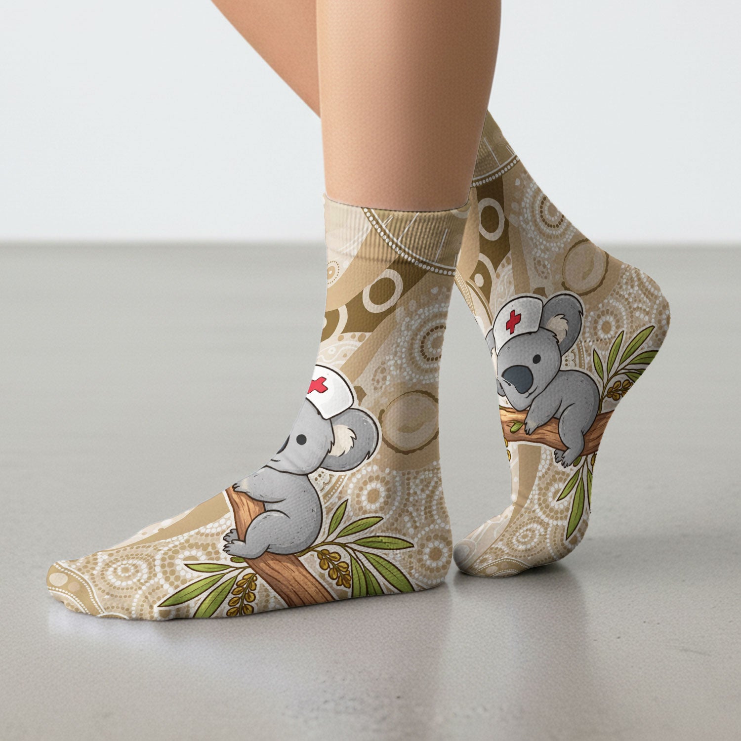 Australian Indigenous Inspired Dot Art Scrub Socks, Cute Koala Pattern Nurse Sock, Comfortable Scrubs For Nursing