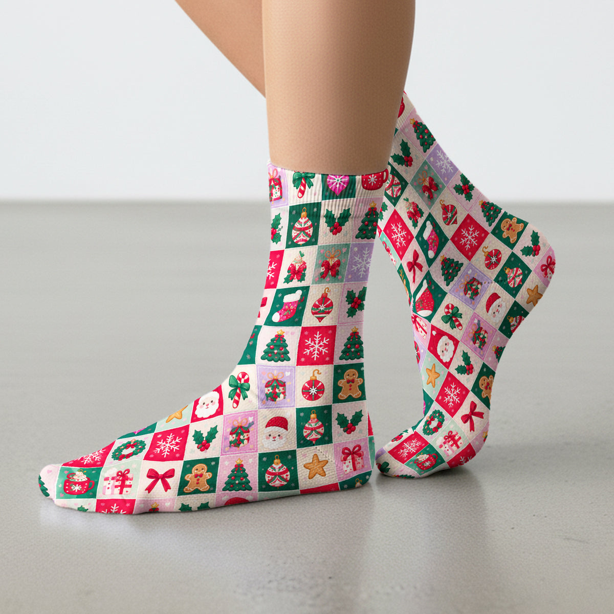 Cute Christmas Santa Patchwork Socks, Adult Socks for Men and Women