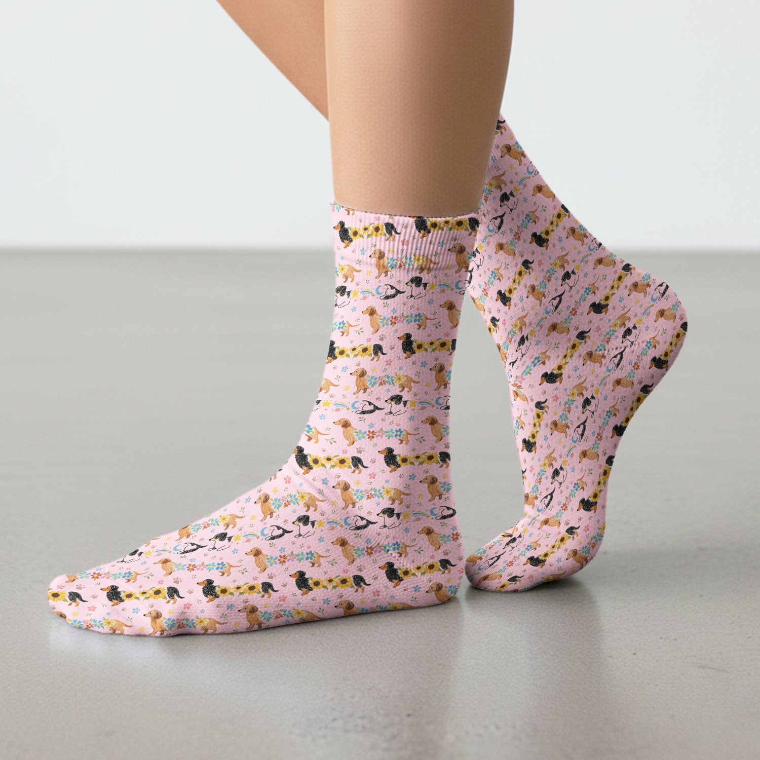 Floral Wiener Dog Pattern Socks, Adult Socks for Men and Women