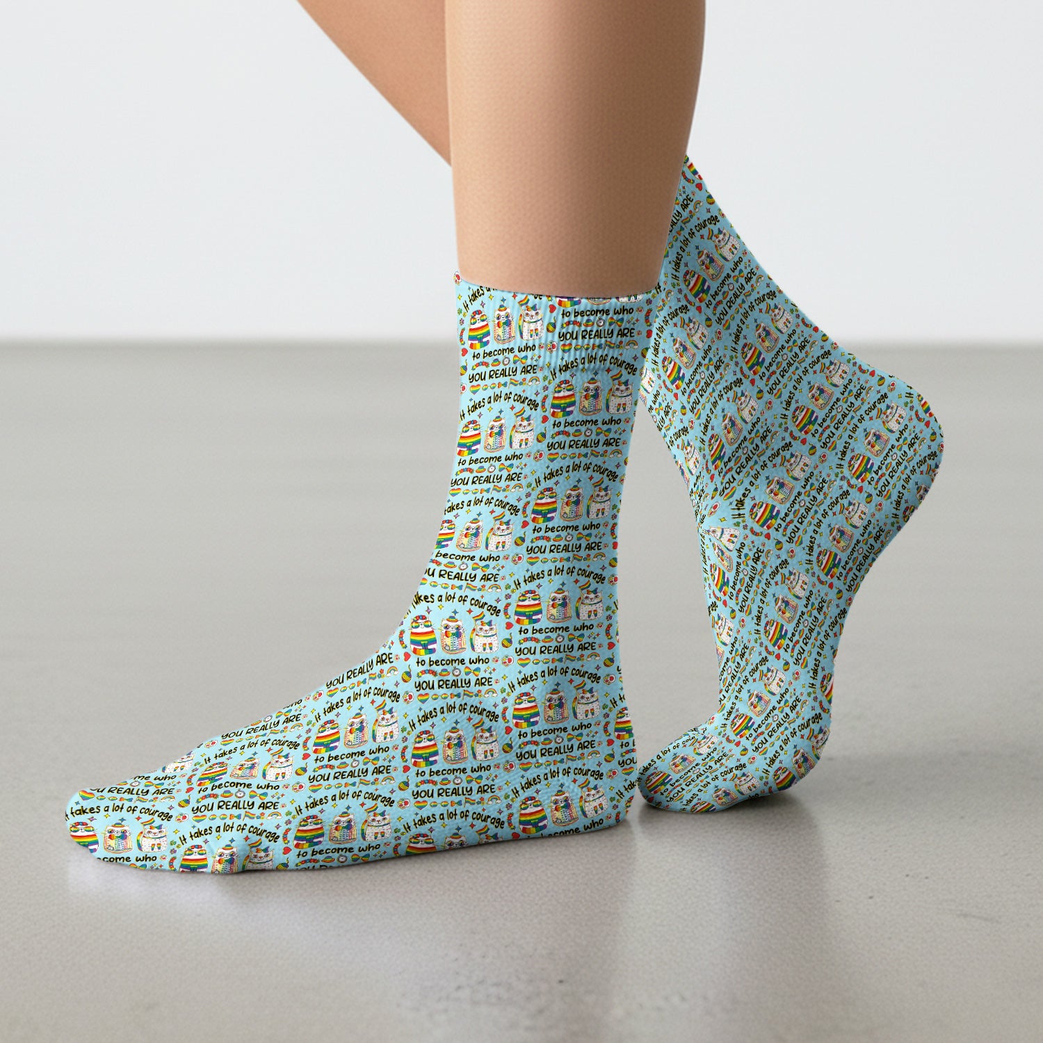 Inspirational Nurse Rainbow Cat Courage Quote Pattern Socks, Breathable Fabrics Medical Uniform