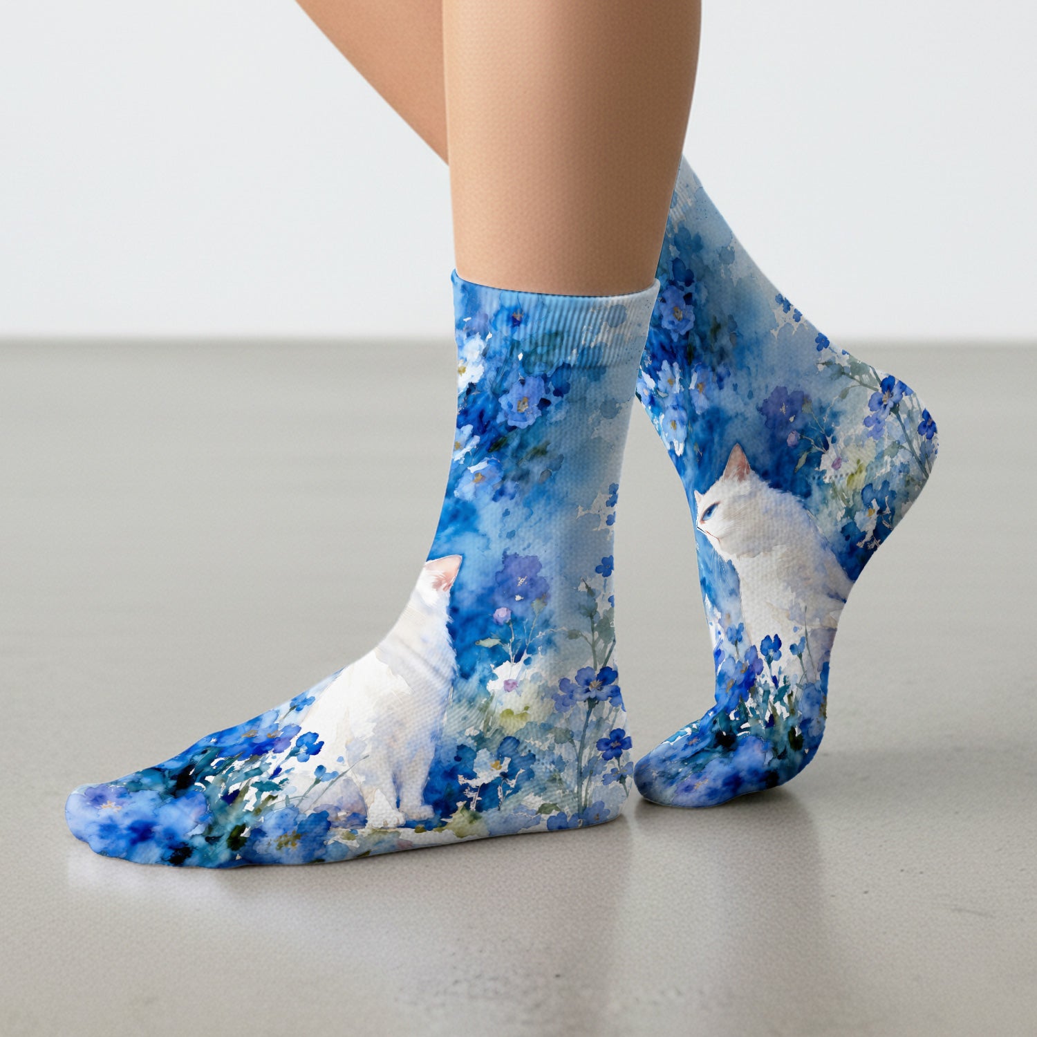 Adorable Blue Floral White Cat Pattern Socks, Adult Socks for Men and Women
