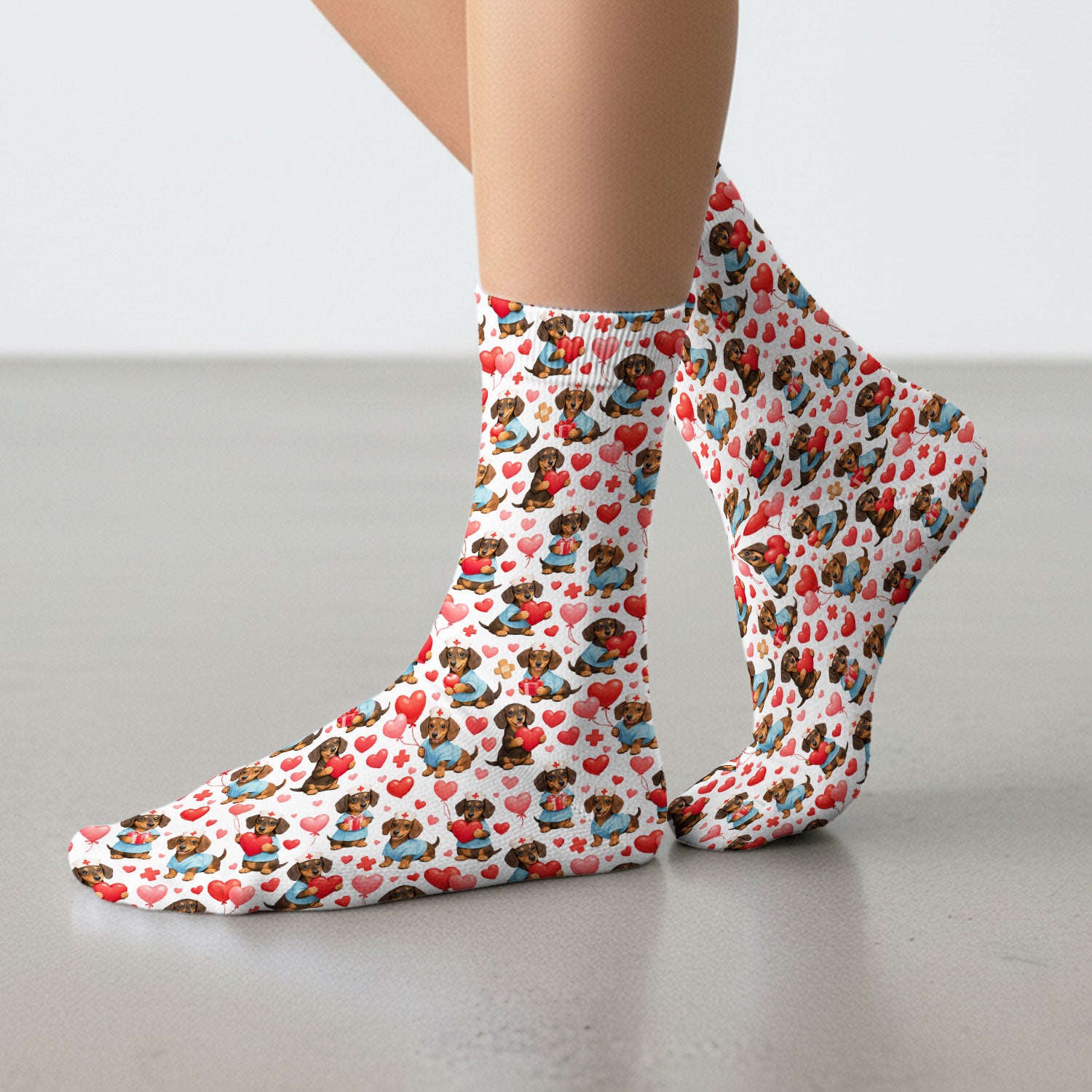Dachshund Valentine Nurse Scrub Socks, Cute  Wiener Dog Medical Pattern Sock, Breathable Fabrics Nursing Uniform