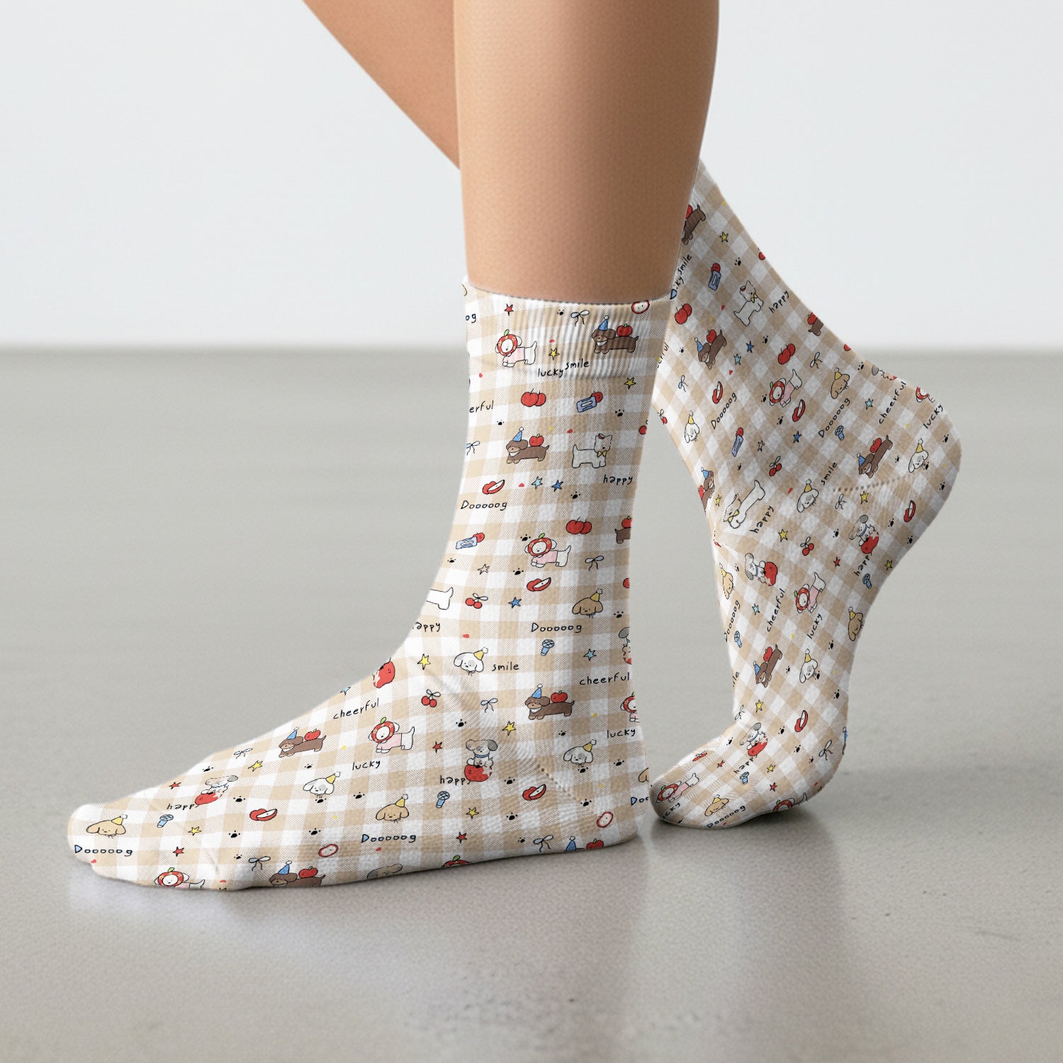 Cute Nurse Cartoon Puppy Apple Gingham Socks, Breathable Fabrics Medical Uniform