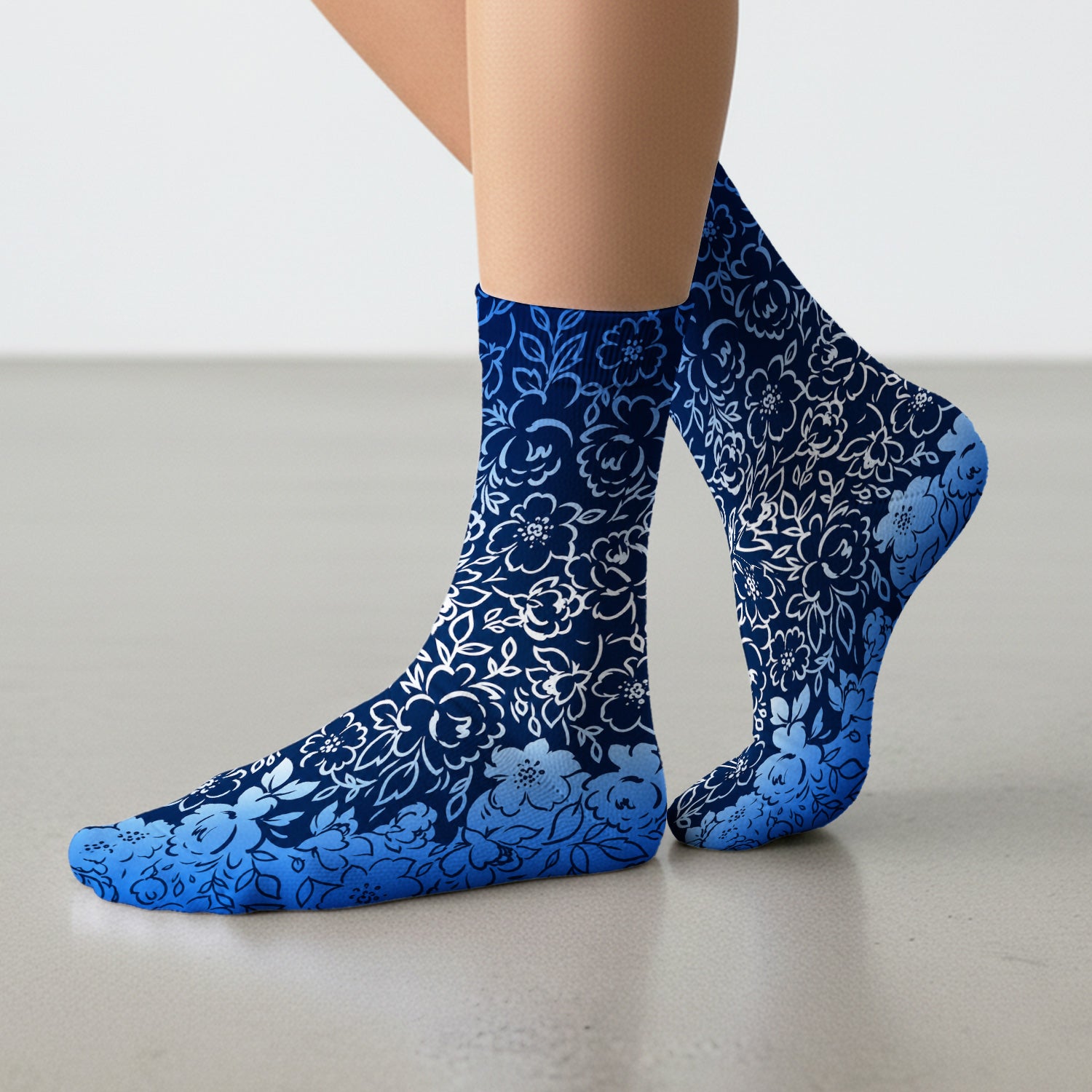 Navy Botanical Flower Print Socks, Adult Socks for Men and Women