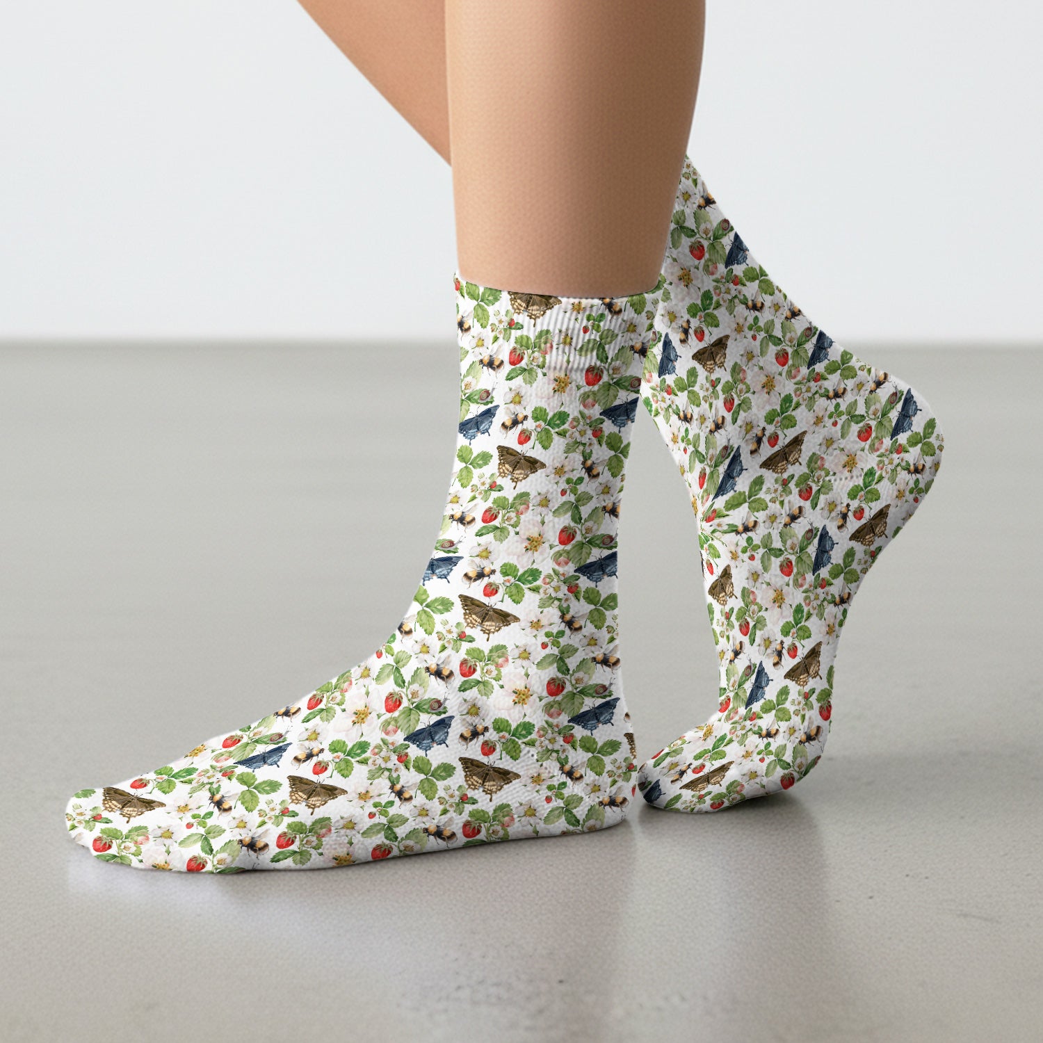 Charming Strawberry Butterfly Garden Pattern Socks, Adult Socks for Men and Women