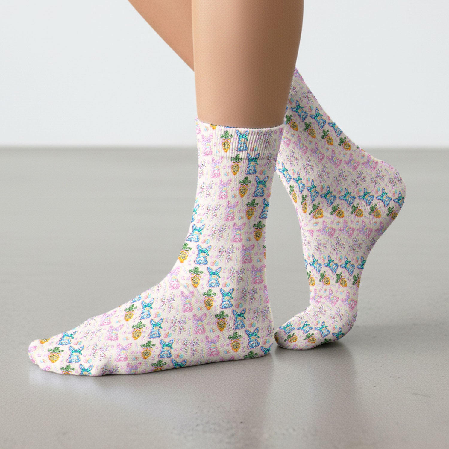 Easter Bunny Carrot Bow Floral Print Socks, Breathable Fabrics Medical Uniform
