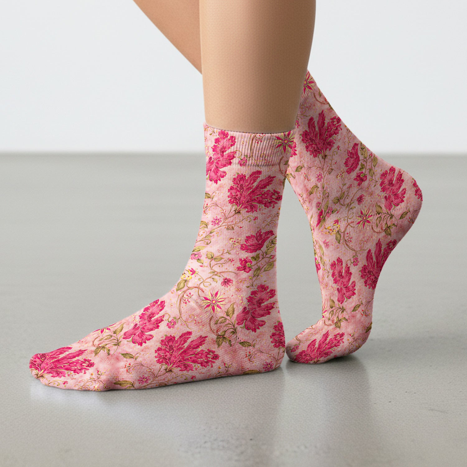 Elegant Pink Floral Vine Pattern Socks, Socks for Nurse Doctor