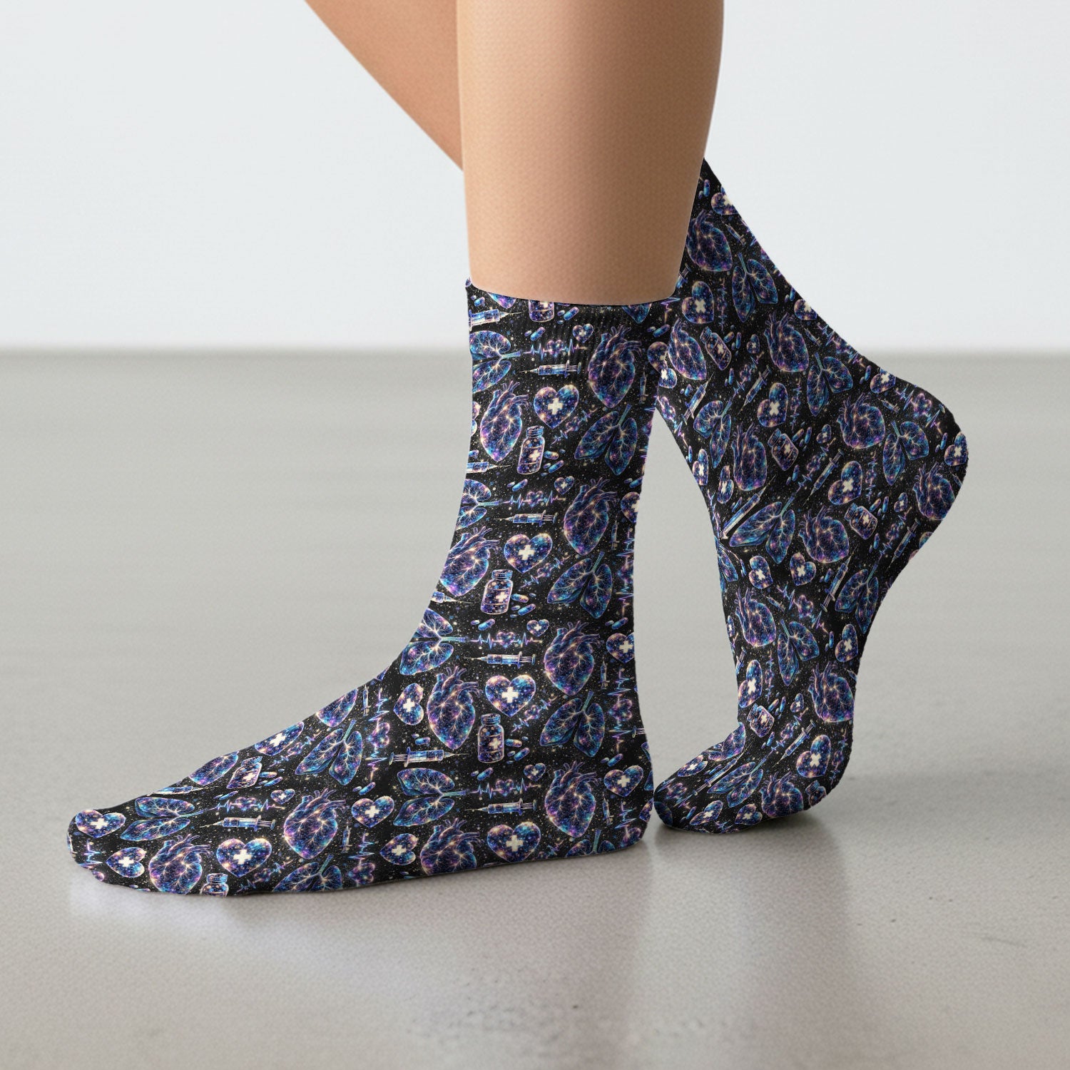 Galaxy Anatomical Heart Lung Syringe Print Socks, Breathable Fabrics Medical Uniform