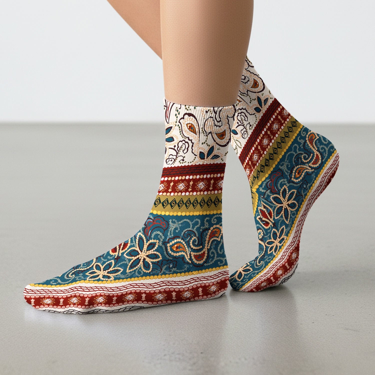 Boho Paisley Floral Stripe Pattern Socks, Adult Socks for Men and Women