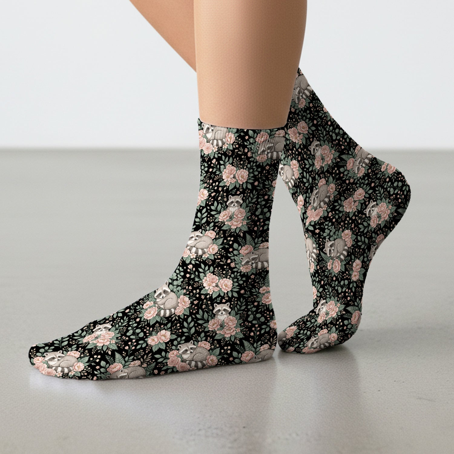 Sleeping Raccoon Rose Garden Pattern Socks, Breathable Fabrics Medical Uniform