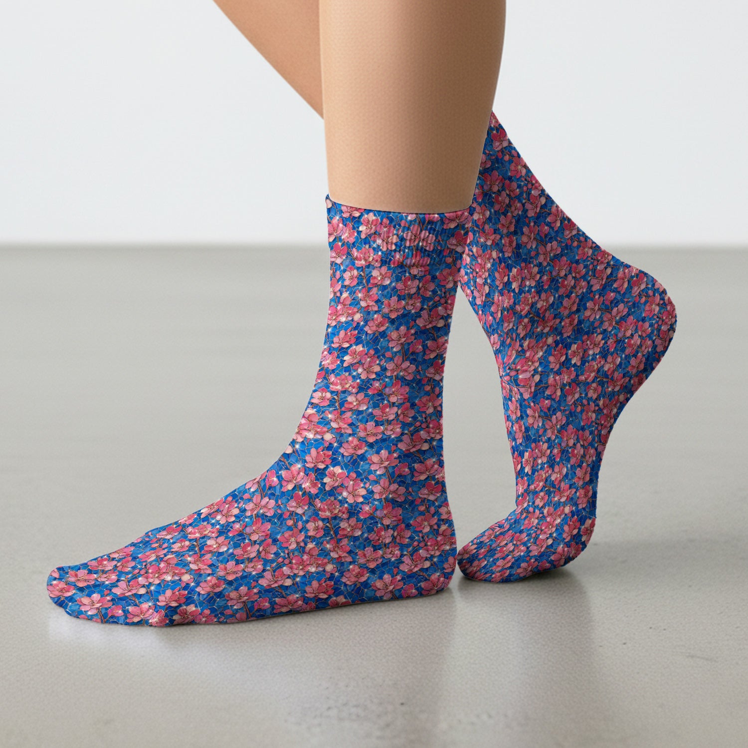 Pink Cherry Blossom Floral Pattern Print Socks, Adult Socks for Men and Women