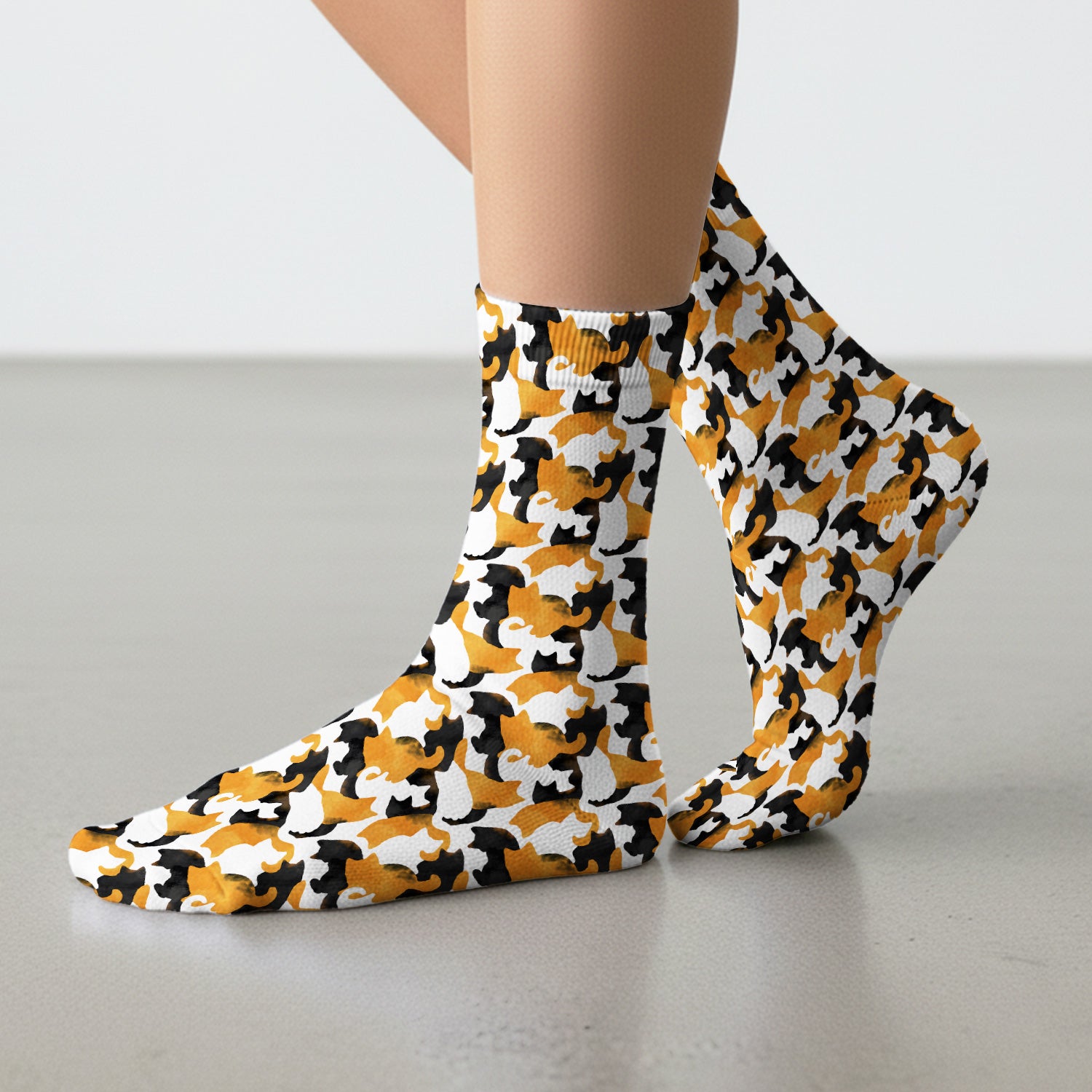 Calico Cat Silhouette Pattern Socks, Adult Socks for Men and Women