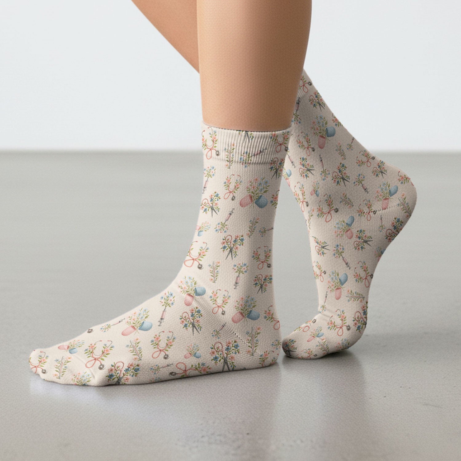 Floral Medical Scrub Socks, Elegant Stethoscope With Flower Nursing Sock, Breathable Fabrics Nurse Uniform