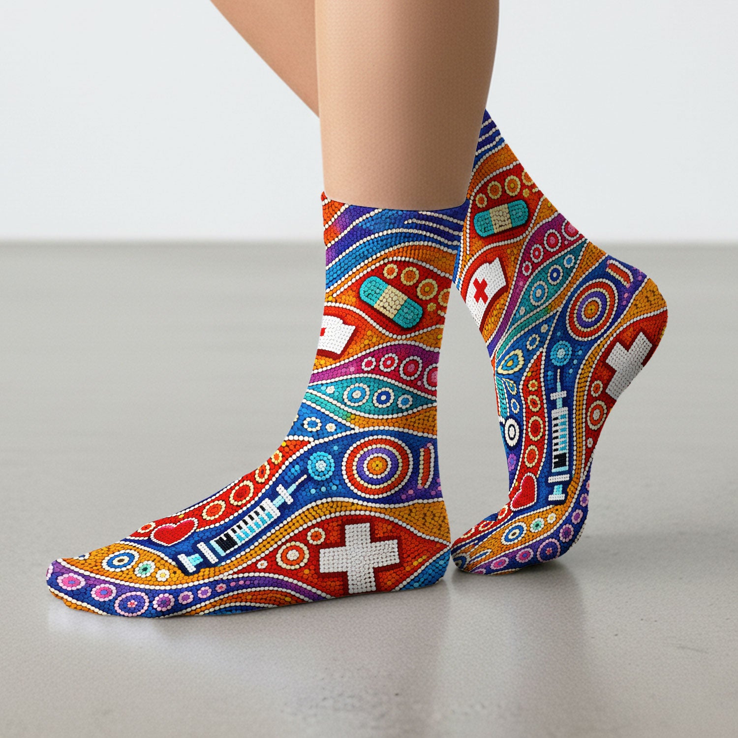 Aboriginal Dot Art Nurse Scrub Socks, Artistic Medical Pattern Sock, Breathable Fabrics Nursing Uniform
