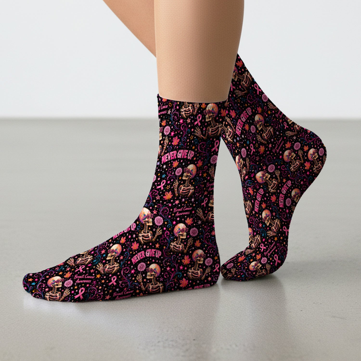 Breast Cancer Awareness Skeletons Pattern Socks, Adult Socks for Men and Women