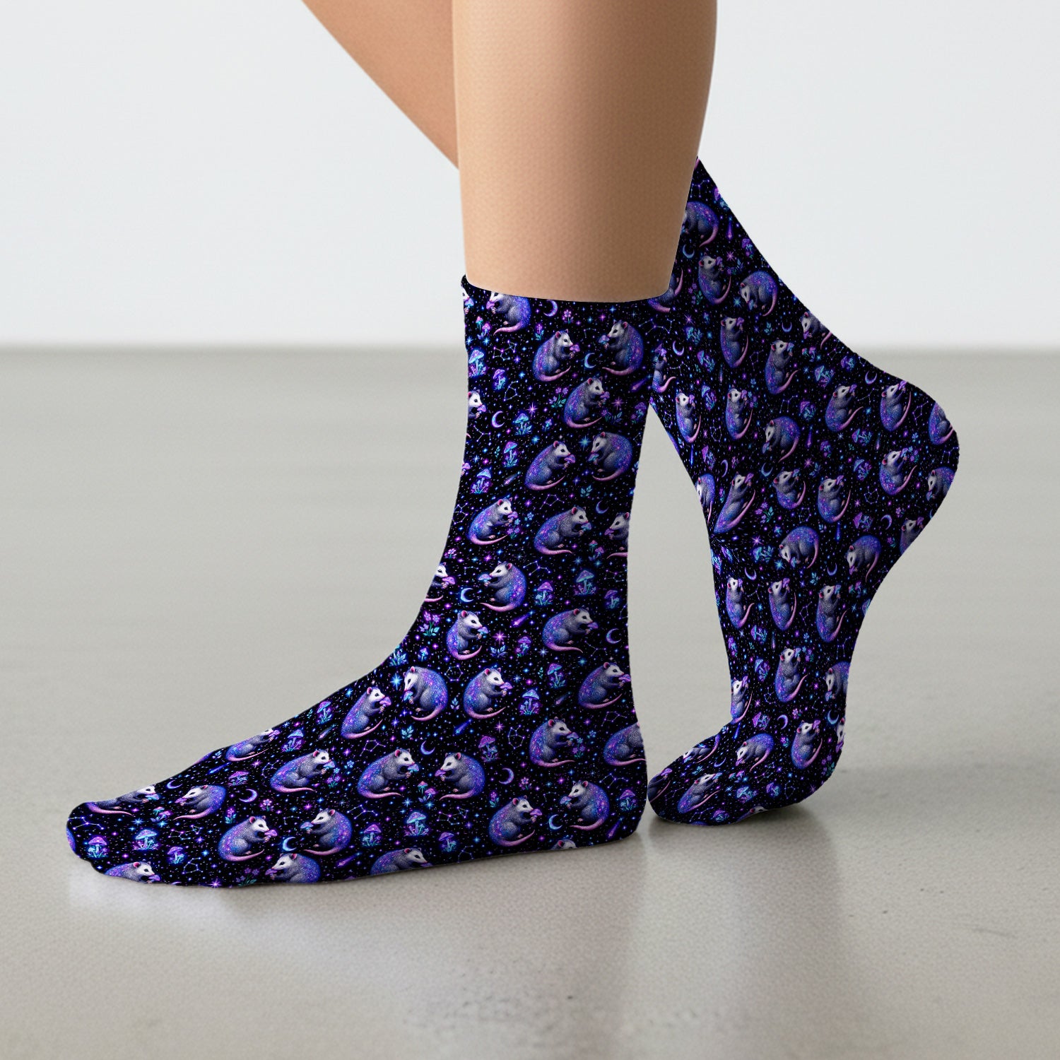 Celestial Purple Opossum With Mushroom Pattern Socks, Adult Socks for Men and Women